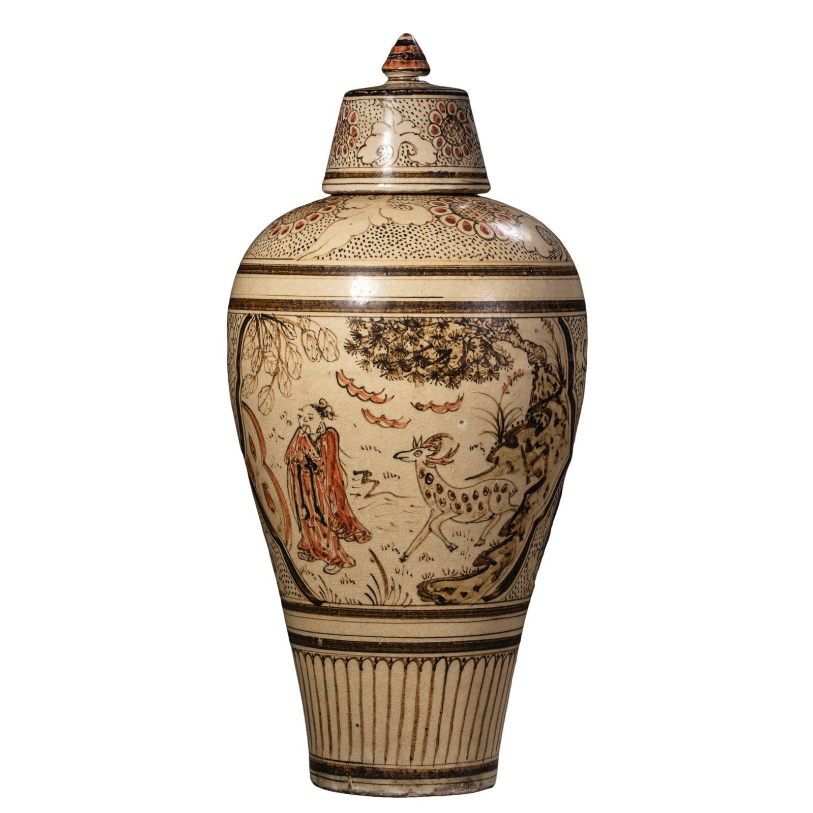 Cizhou Kiln White-Ground Black Painted and Polychrome Covered Meiping Vase with Figural, Deer and: Dimensions: Height 32.7 cm (approximately 12.9 inches, approximately 1.07 feet); Northern Song to Jin Dynasty (11th–13th Century) Cizhou Kiln ceramicCondition & Provenance: The vase remains in good 