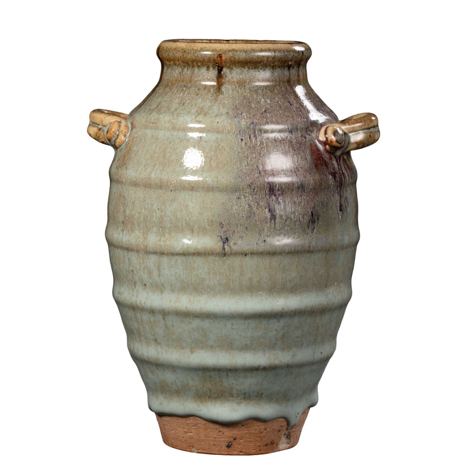 Jun Ware Moon-White Glazed Double-Handle Jar with Purple Kiln Transformation and Raised String (1 of 11)