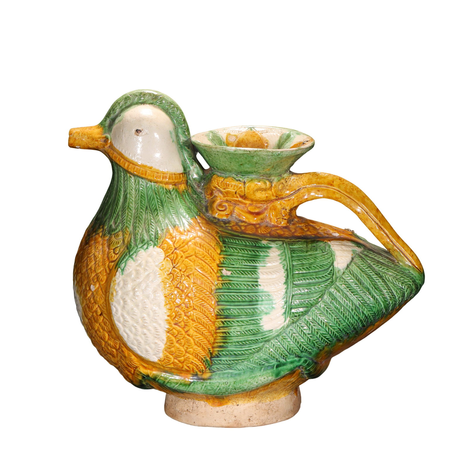 Liao Dynasty Three-Color Mandarin Duck-Shaped Ewer (916–1125 AD): Dimensions: Height approximately 22 cm (8.7 in, 0.72 ft); Width approximately 33.5 cm (13.2 in, 1.10 ft); Liao Dynasty (10th–12th Century)Condition & Provenance: The vessel is well preserved with th