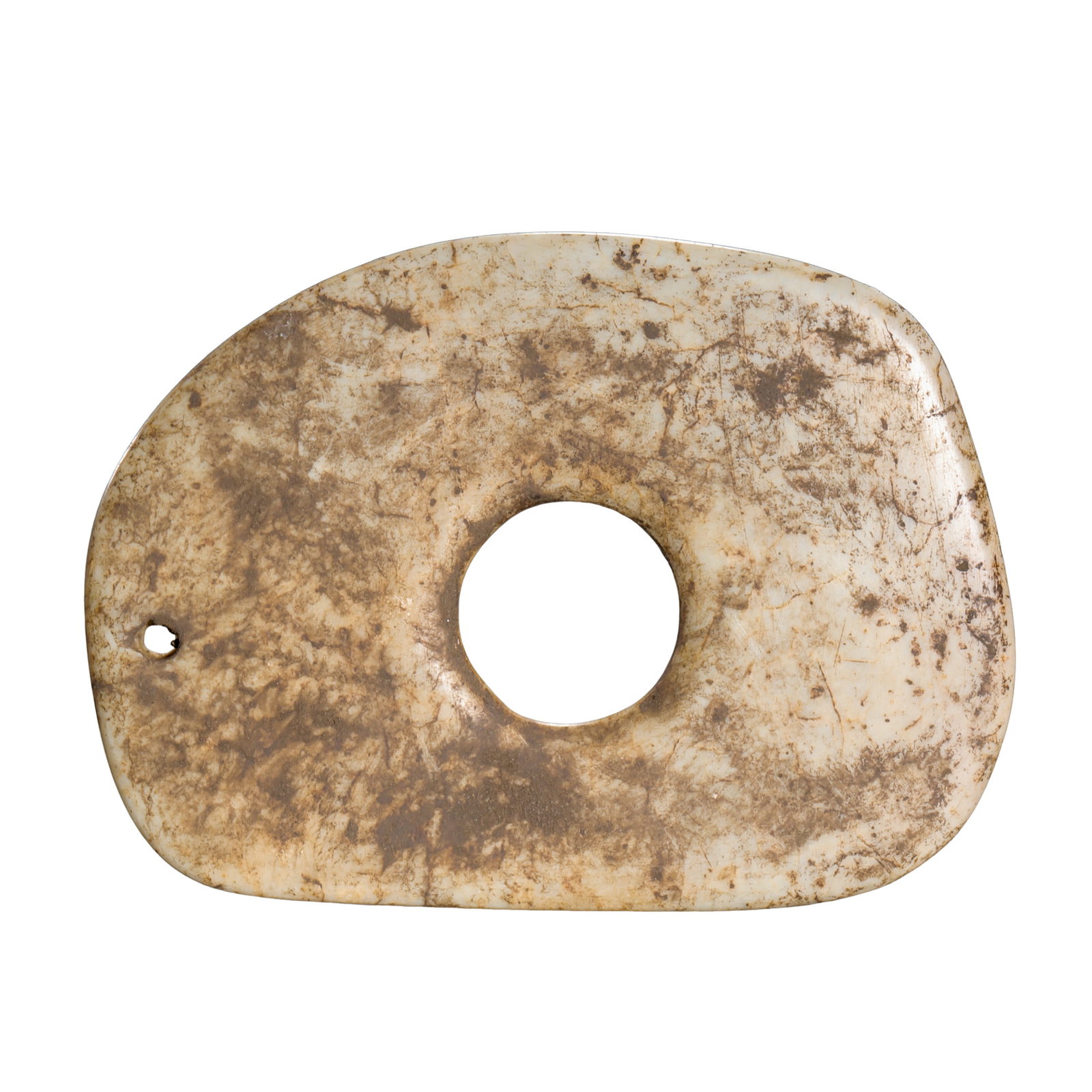 Neolithic Chicken-Bone White Jade Axe-Shaped Bi Ritual Disc, circa 7500–2900 BCE: Dimensions: Length 9.5 cm (3.74 in); width 7 cm (2.76 in); Neolithic period, approximately 75th–29th century BCE Weight: 51 g (approx. 1.80 oz)Condition & Provenance: The piece is preserved intact o