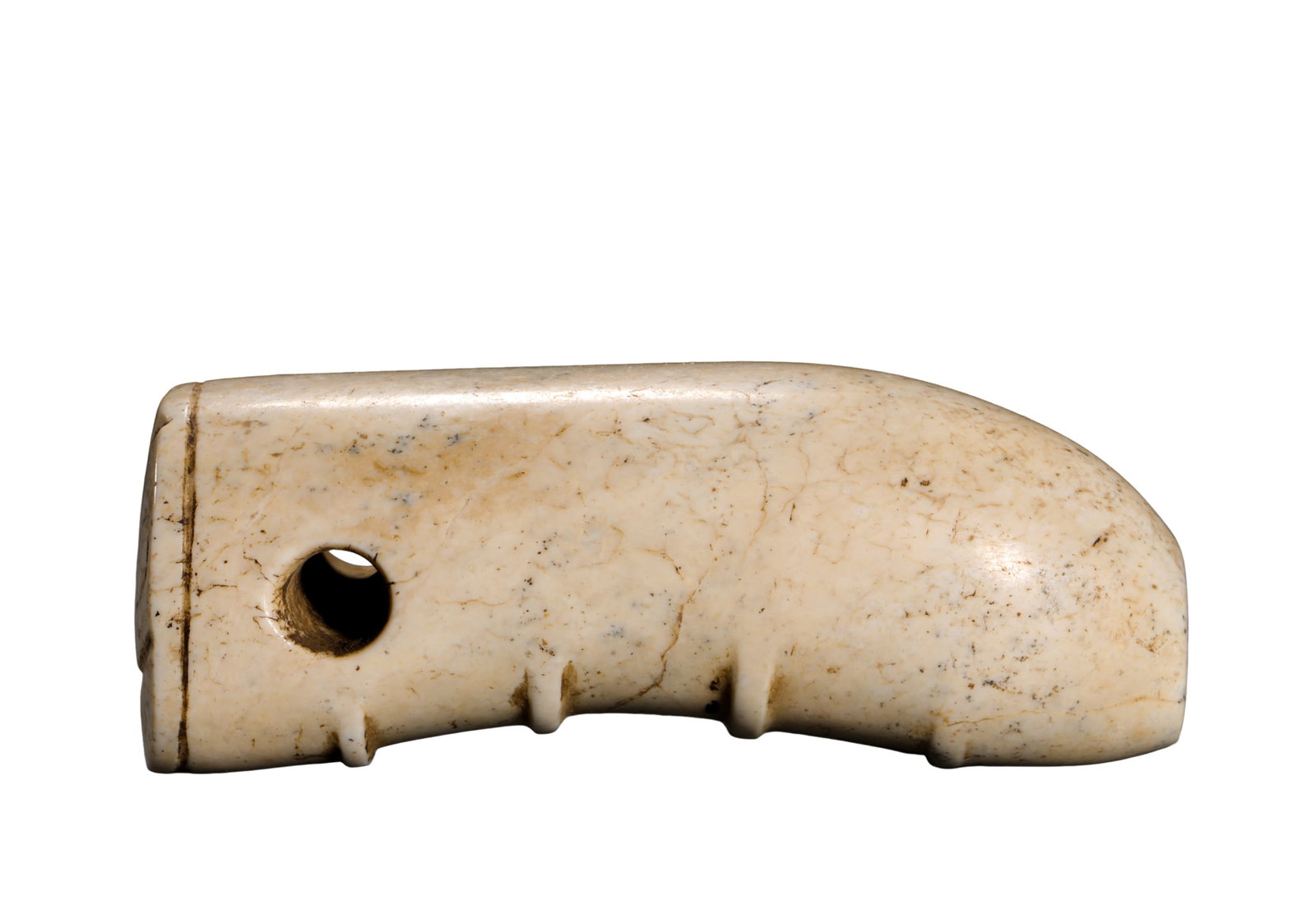 Neolithic Hongshan Culture Chicken-Bone White Jade Silkworm Pendant, circa 4700–2900 BCE: Dimensions: Length 5.8 cm (2.28 in / 0.19 ft); width 2.3 cm (0.91 in / 0.08 ft); Hongshan Culture, Neolithic Period, approximately 47th–29th century BCE Weight: 45 g (approx. 1.59 oz)Condition & Pro