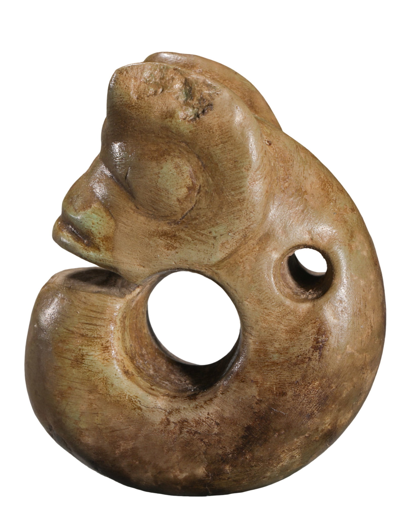 Neolithic Hongshan Culture Chicken-Bone White Jade Pig-Dragon Pendant (circa 4700–2900 BCE): Dimensions: Length 2.8 cm (1.10 in / 0.09 ft); Width 2 cm (0.79 in / 0.07 ft); Neolithic Period, Hongshan CultureWeight: 6 g (approx. 0.21 oz)Condition & Provenance: The pendant is preserved intact ov