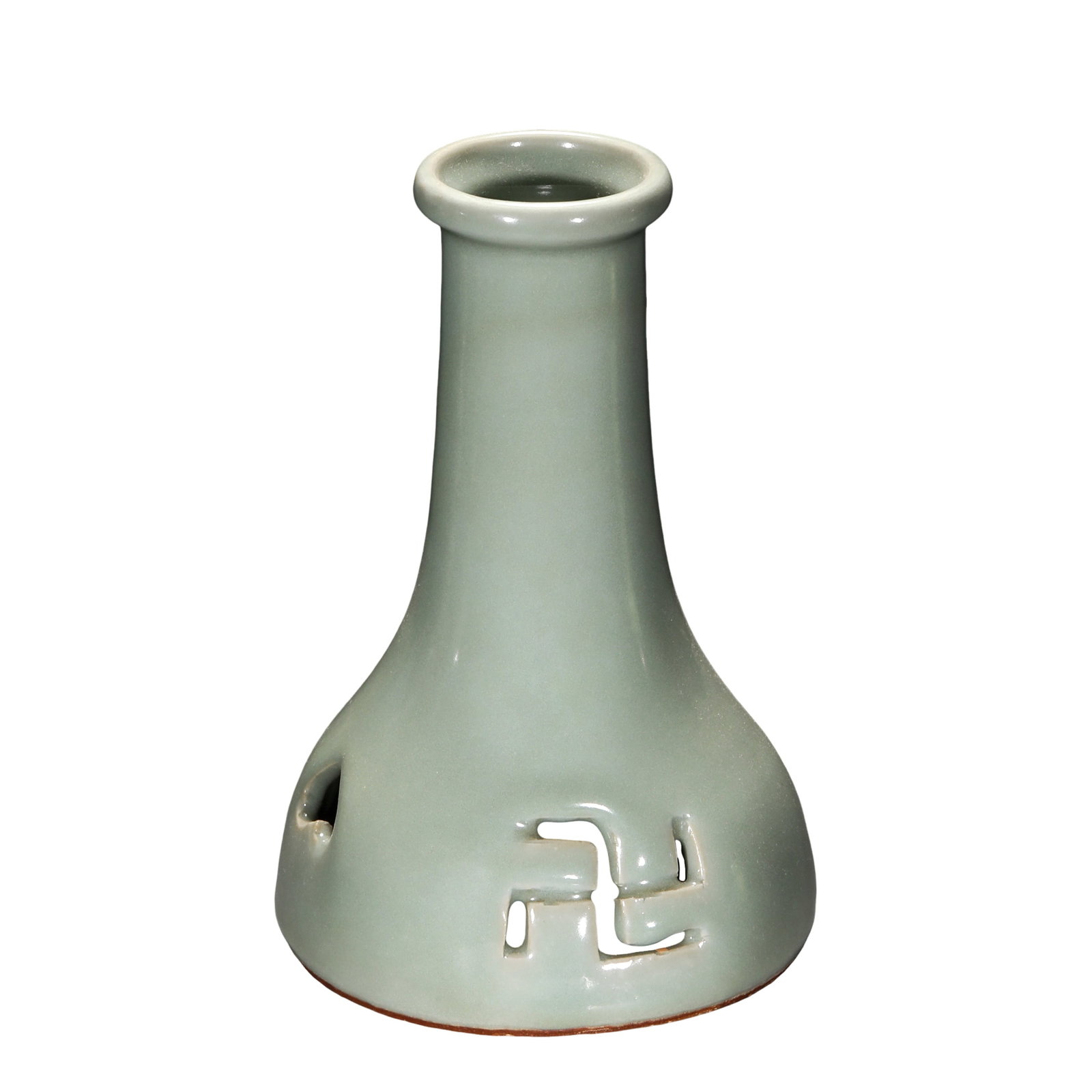 A Rare Longquan Celadon Openwork Incense Burner in the Form of an Ancient Pitch-Pot with Wan Symbol: Dimensions: Height 18 cm (7.09 inches, 0.59 feet)Condition & Provenance: The piece is in good overall condition, with well-preserved glaze displaying natural aging and kiln-fired characteristics. The 