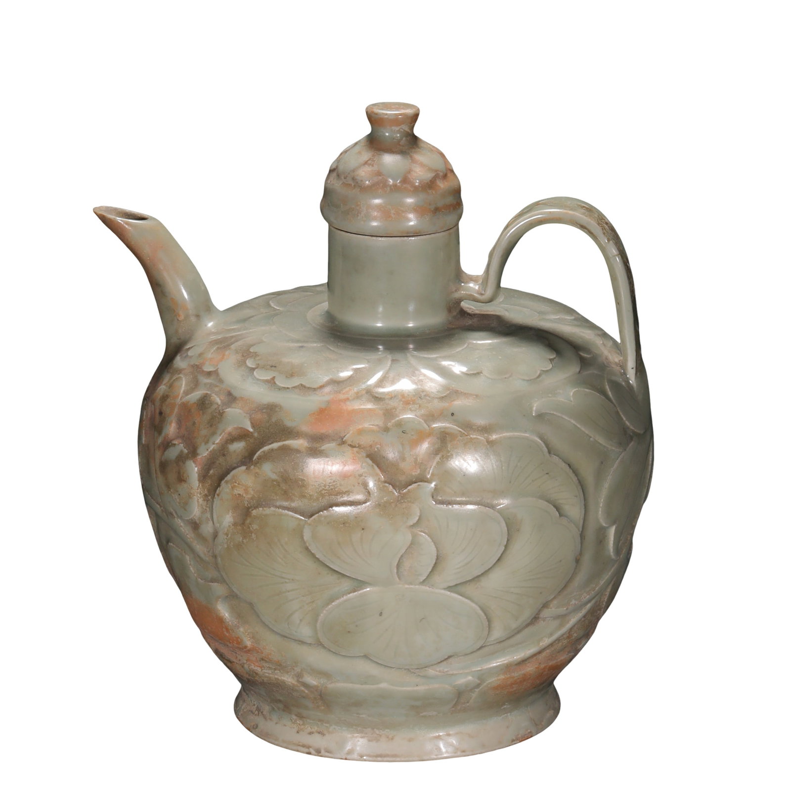 Northern Song Dynasty Yaozhou Kiln Celadon Carved Peony Ewer with Original Cover (11th Century): Dimensions & Weight: Height 20.8 cm (approx. 8.2 in, approx. 0.68 ft); Width 18 cm (approx. 7.1 in, approx. 0.59 ft)Condition & Provenance: Good overall condition with the original matching cover, com