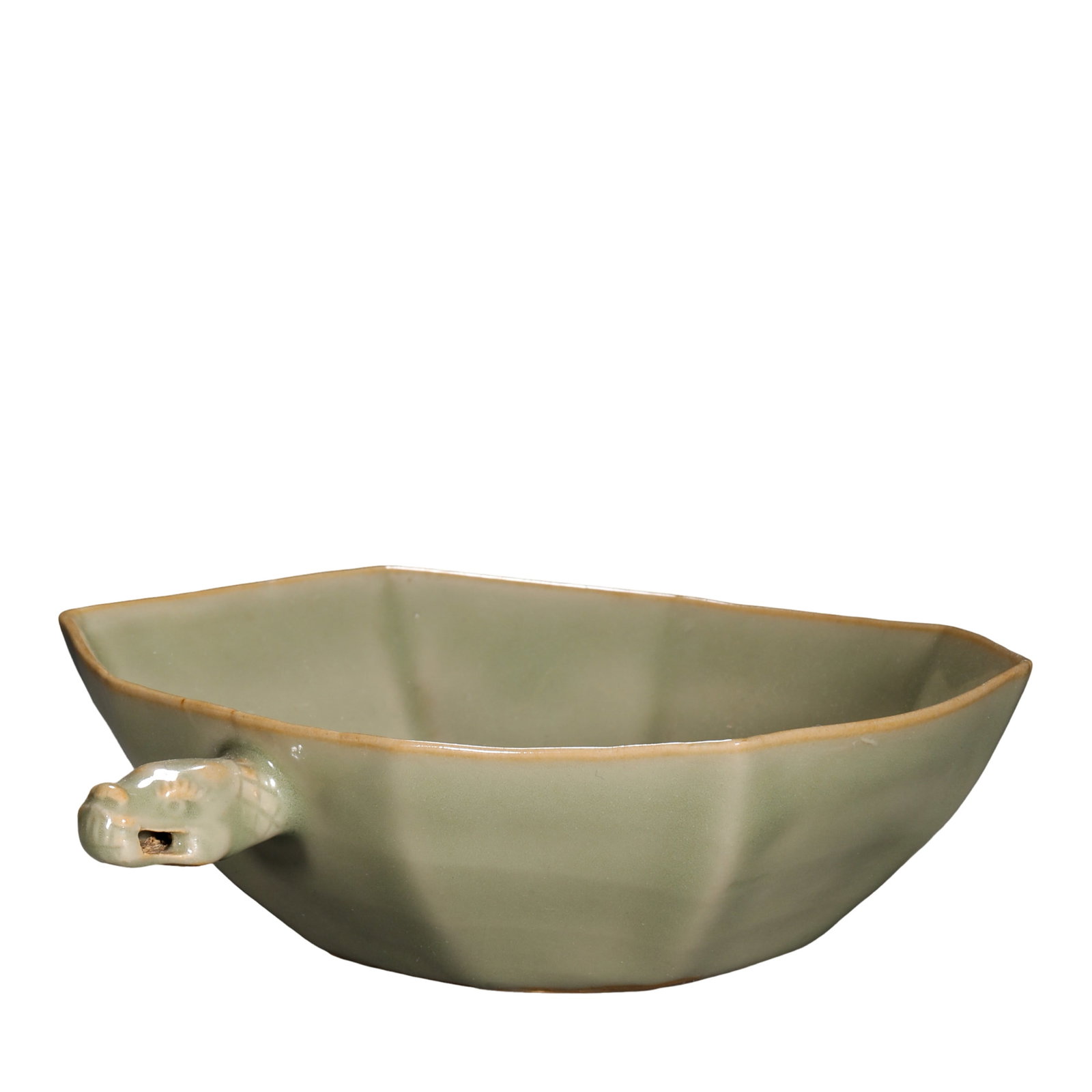 A Rare Longquan Celadon Eight-Sided Ewer with Dragon-Head Spout and Molded Floral Decoration Song: Dimensions: Height approximately 4.4 cm (1.7 in, 0.14 ft); Width approximately 11.5 cm (4.5 in, 0.38 ft); Song Dynasty, 12th–13th CenturyCondition and Provenance: Good overall condition with natural