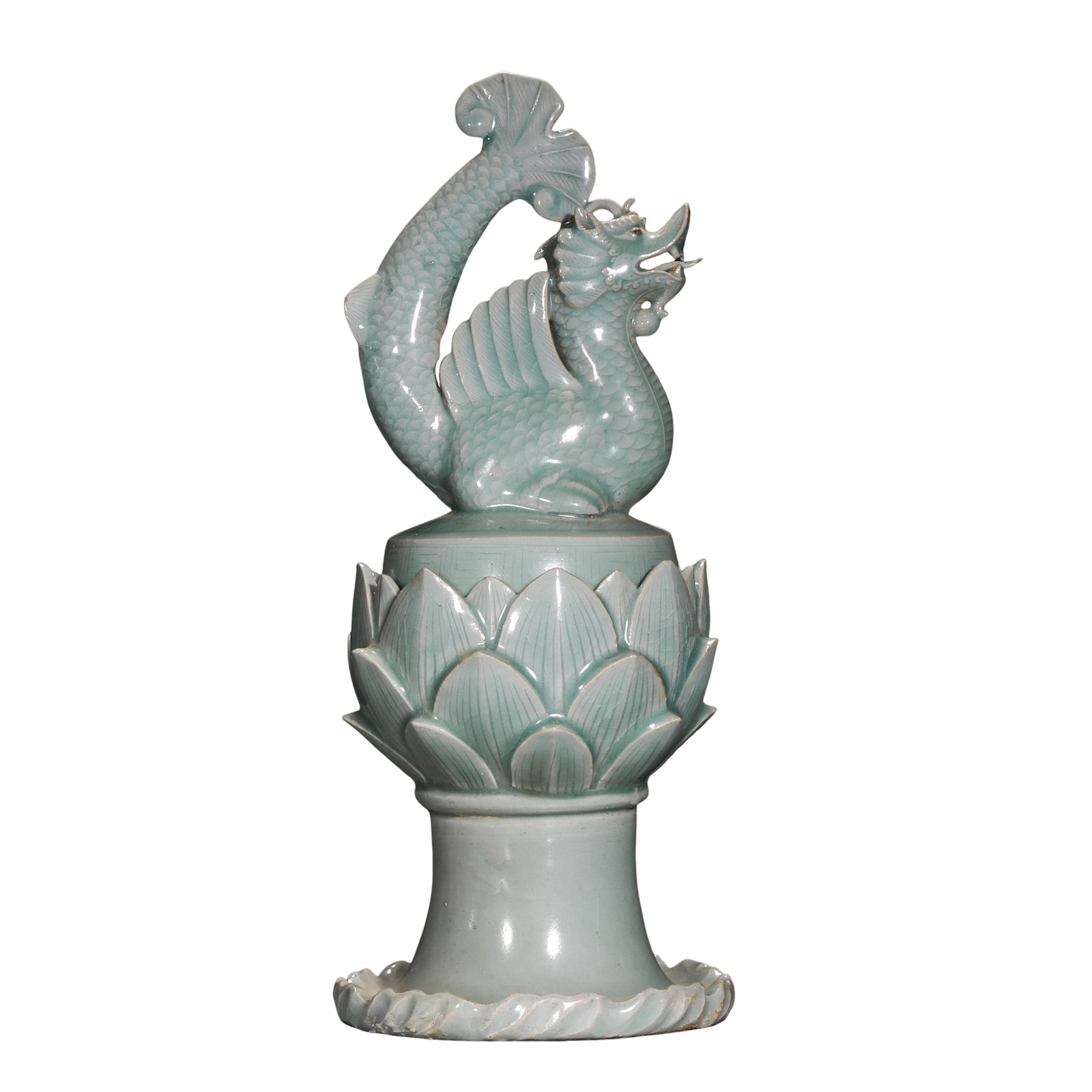 Rare Goryeo Celadon Censer with Makara Motif and Lotus Pedestal (Goryeo Dynasty, circa 12th–13th: Dimensions: Approximately 29 cm high (about 11.4 in, about 0.95 ft); 12th–13th century Goryeo celadon artwork Condition and Provenance: Well preserved overall, featuring a warm celadon glaze with fi