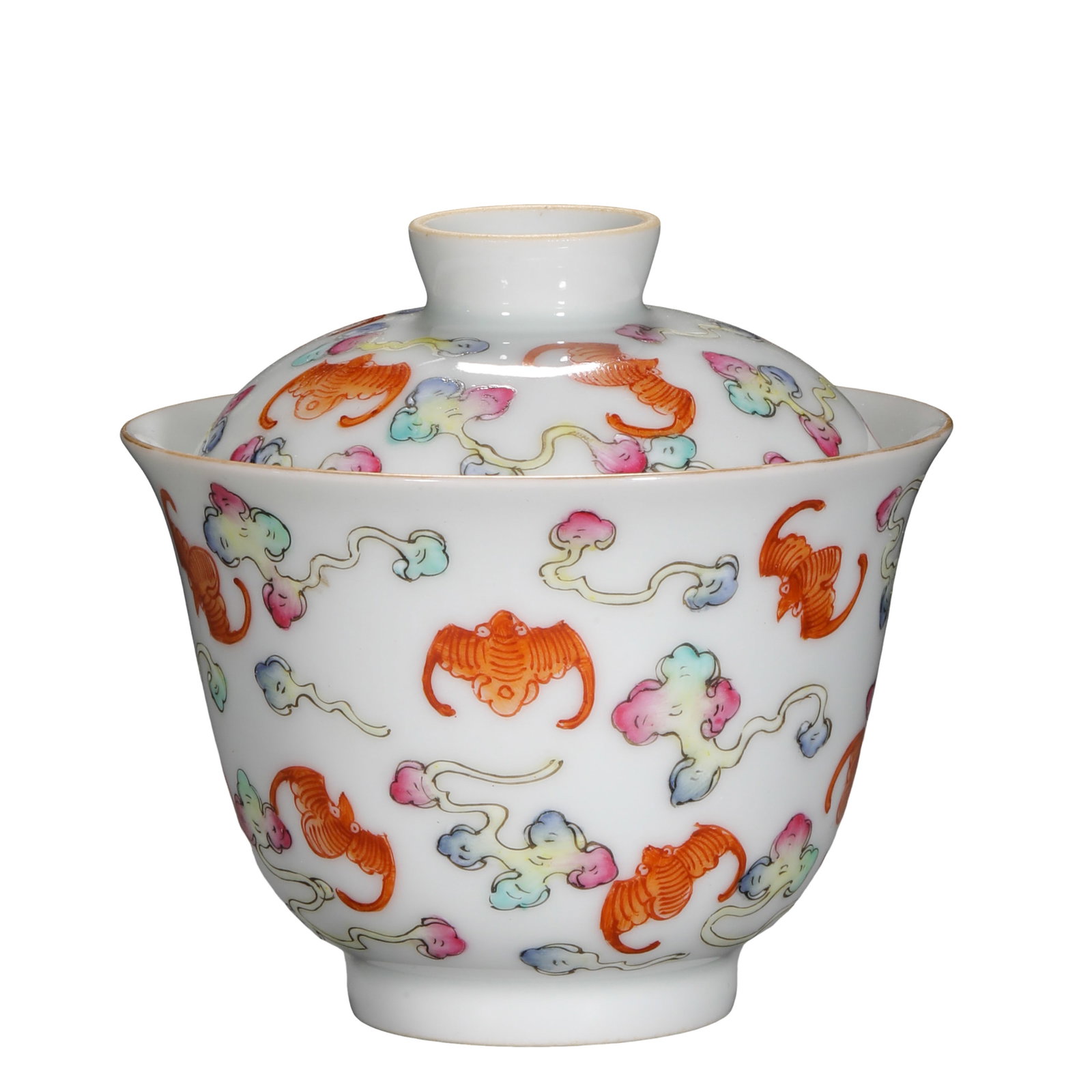 Qing Guangxu Famille Rose Covered Tea Bowl with Bat and Auspicious Cloud Decoration, Qing Dynasty,: Dimensions: H 8.5 cm (3.3 in, 0.28 ft); D 9 cm (3.5 in, 0.30 ft); Century: 19th century Condition & Provenance: Good overall condition. The covered tea bowl remains complete with its original matching