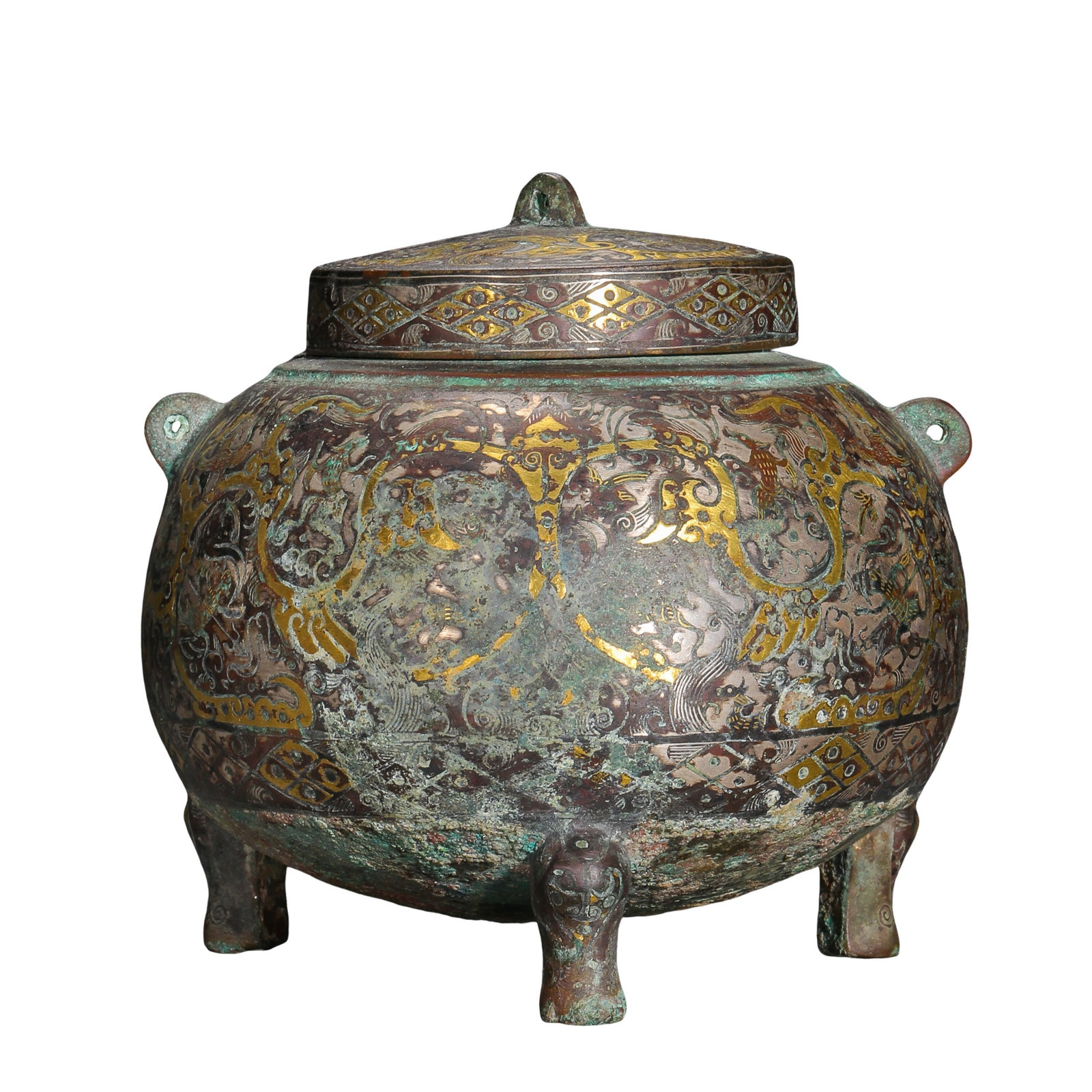 Warring States Period Gold and Silver Inlaid Bronze Dun Ritual Vessel with Mythical Creatures and (1 of 12)