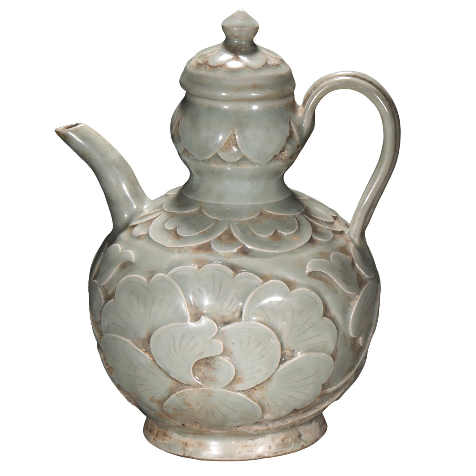 Longquan Celadon Relief-Carved Peony Scroll Gourd-Shaped Ewer, Southern Song to Yuan Dynasty: Dimensions: Height 23 cm (9.1 in, 0.75 ft), Width 18.5 cm (7.3 in, 0.61 ft). 12th–14th CenturyMaterial: Longquan celadon porcelainCondition and Provenance: Good overall condition, with natural earth