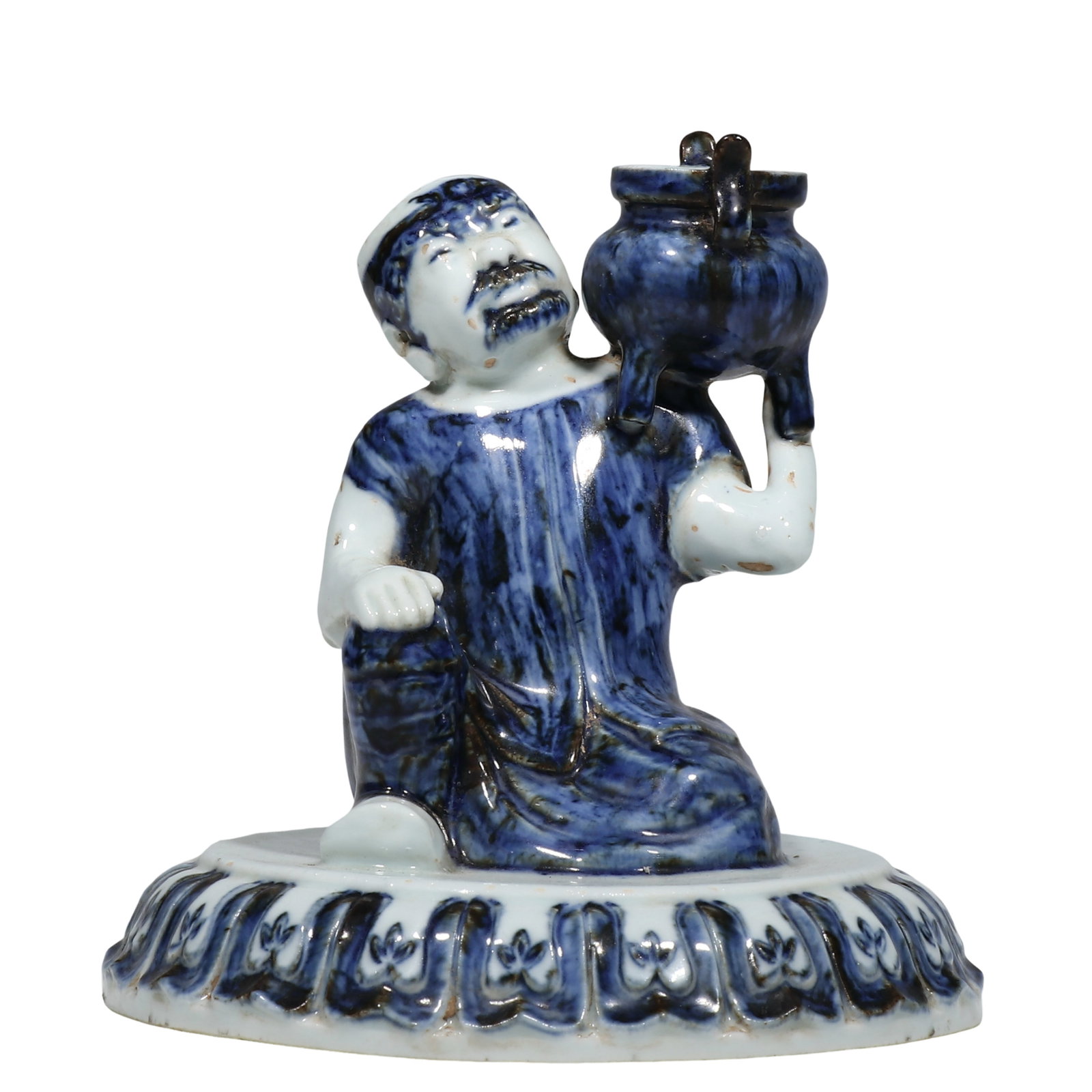 Ming Yongle Blue?and?White Porcelain Figure of Foreigner Presenting Treasure: Dimensions?H.17cm (6.69 Inches),15th Century Condition & Provenance?The porcelain figure is mostly complete,there are minor old chips and age?related wear on figure fingertips and incense burner corne