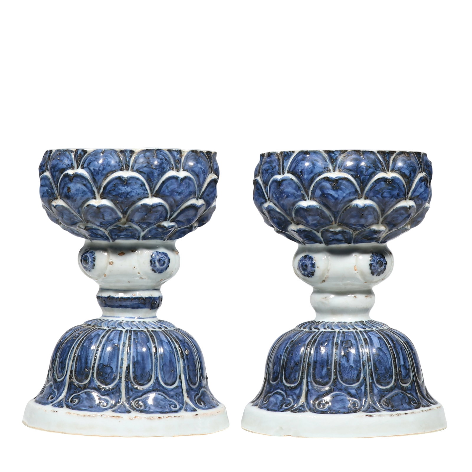 Ming Yongle Pair Of Blue?and?White Moulded Lotus Stemmed Temple Lamps: Dimensions?H.21.5cm (8.46 Inches),15th Century Condition & Provenance?The pair remain structurally intact without cracks,minor old chips and age?related wear appear on sharp petal edges of rim,slight 