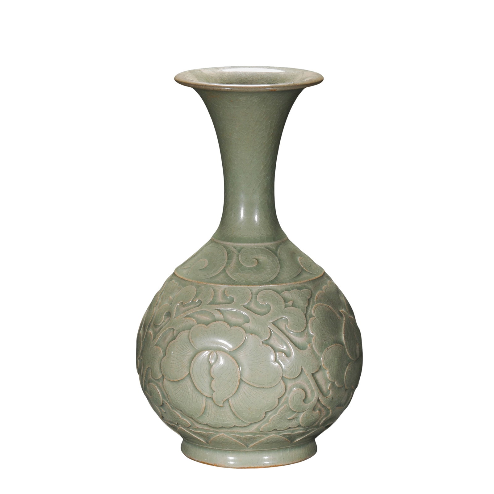 Goryeo Celadon Yuhuchunping Vase with Carved Scrolling Peony Decoration and “Chao Zhen (1 of 10)