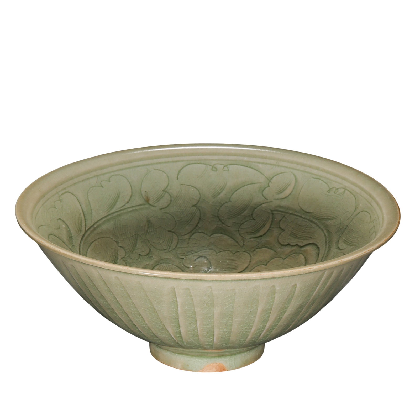 Song Dynasty Yaozhou Celadon Carved Floral Conical Bowl (Northern to Southern Song Dynasty, late: Dimensions: Height 7 cm (approximately 2.8 in, approximately 0.23 ft), Width 18 cm (approximately 7.1 in, approximately 0.59 ft), Song Dynasty (10th–13th century)Condition and Provenance: Good overa