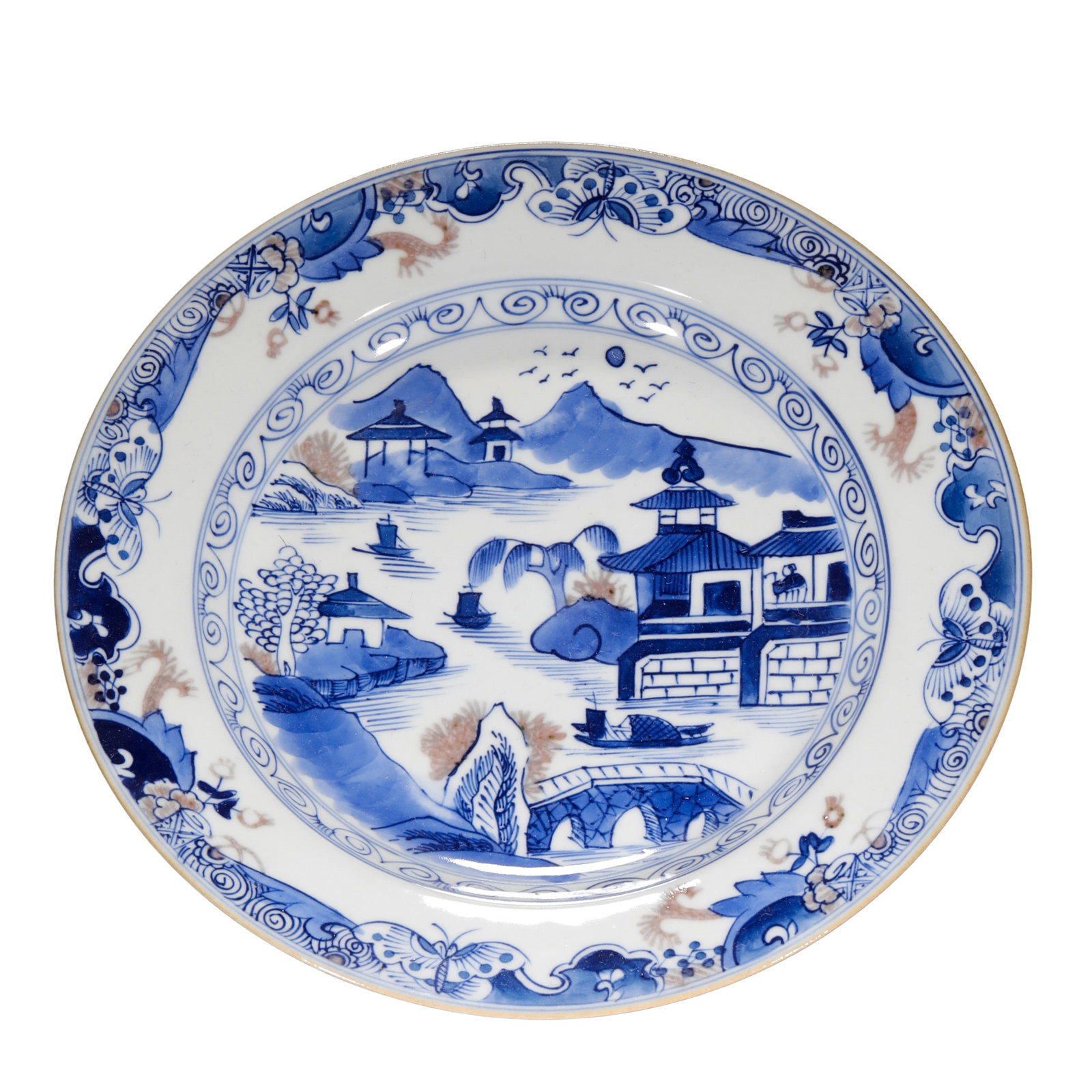 A Fine Qing Dynasty Blue and White with Underglaze Red Landscape Pavilion Export Dish (Mid-Qing: Dimensions: H 2.5 cm (1 in), W 23 cm (9.1 in), 18th-century Qing porcelainCondition and Provenance: Good overall condition with well-preserved glaze and clearly visible blue-and-white and underglaze r