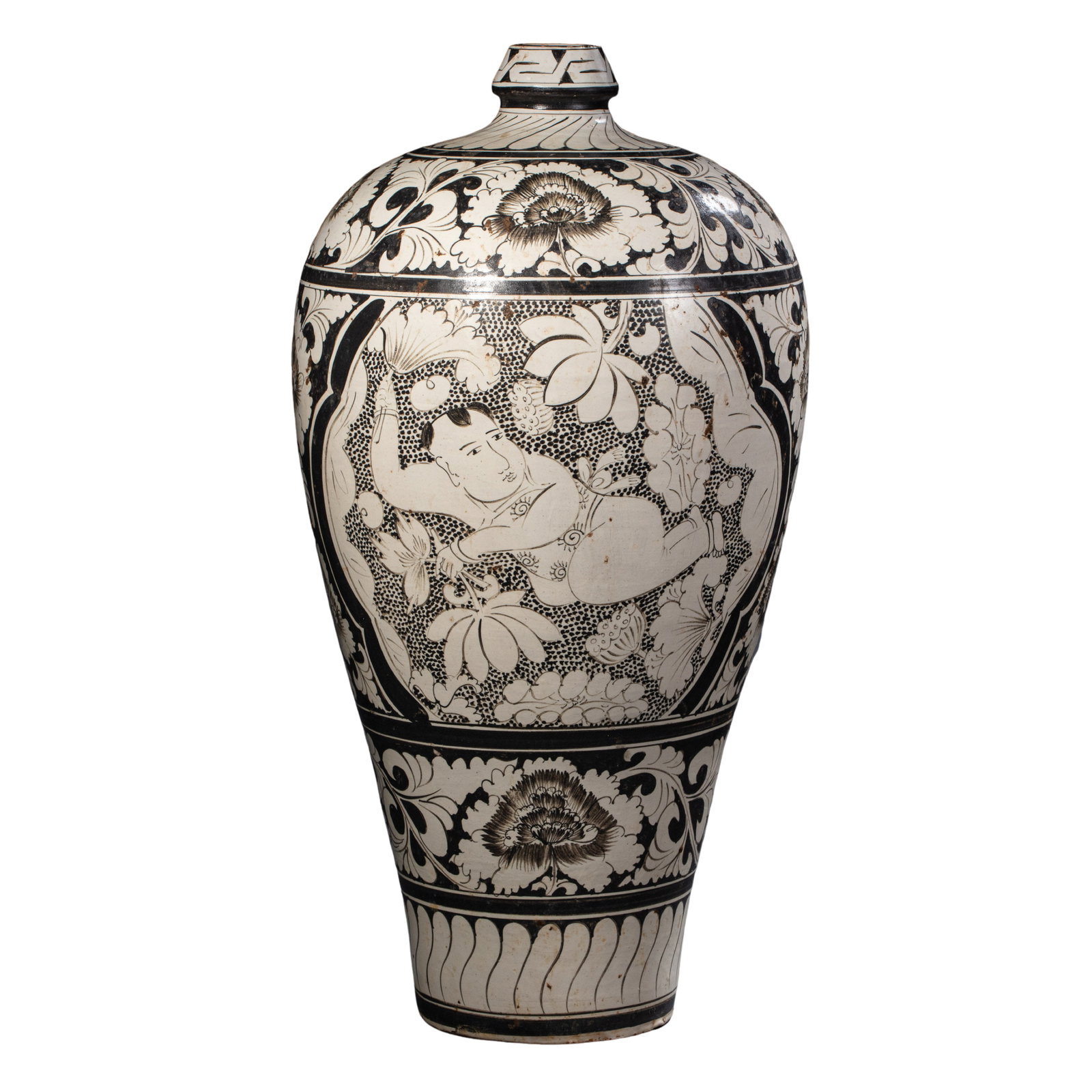 Large Cizhou Ware Black-Painted White-Ground Meiping Vase with Boys Holding Lotus Motif, Northern (1 of 12)