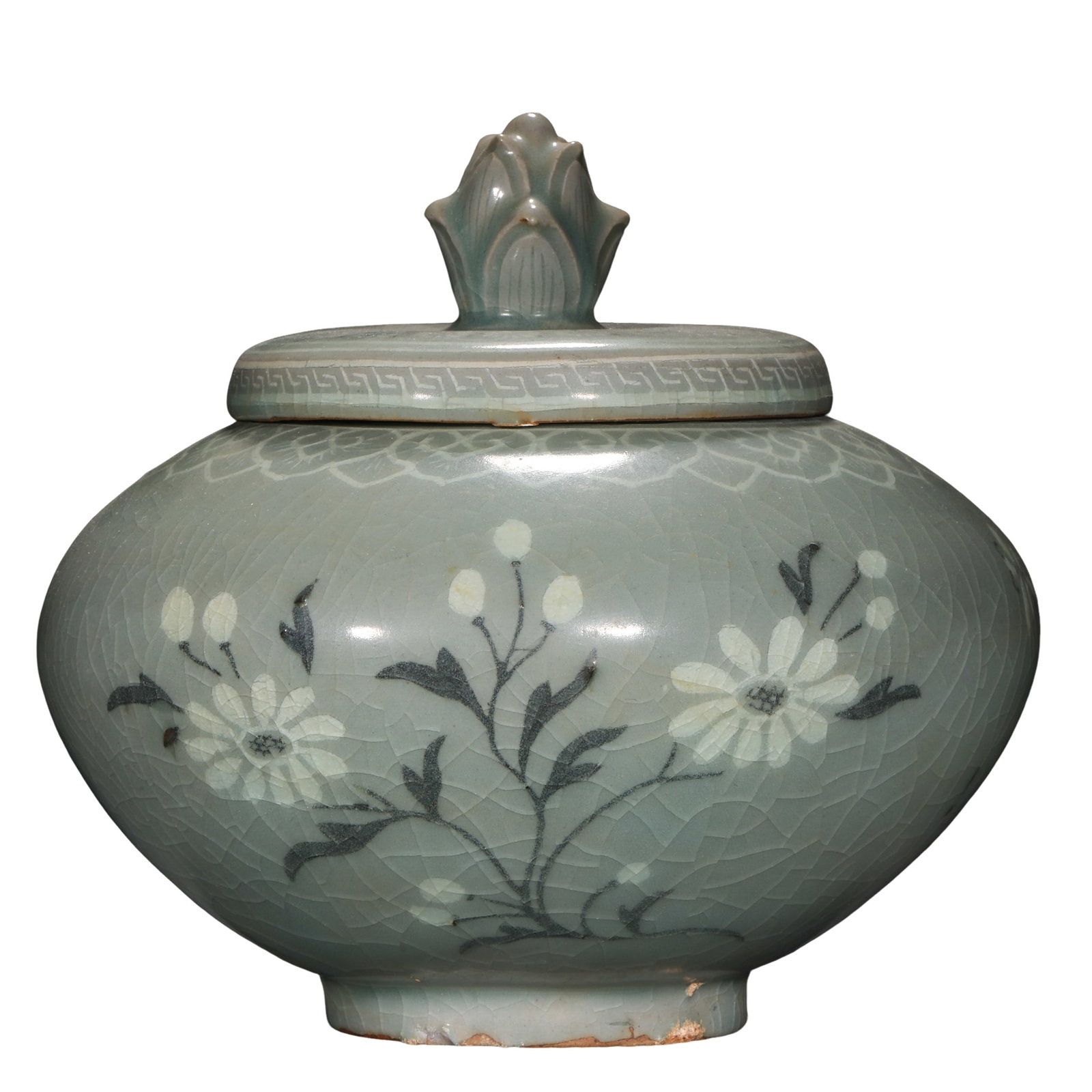 Goryeo Dynasty Celadon Inlaid with Chrysanthemum Scrolls and Lotus Finial Covered Jar (12th–13th: Overall height 16 cm (6.30 in); diameter 16.5 cm (6.50 in); 12th–13th centuryCondition & Provenance:Overall in good preserved condition, with the lid and jar surviving together. The glaze displays a