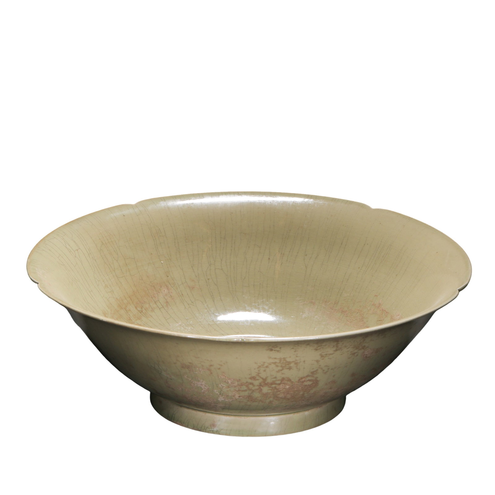 Late Tang to Five Dynasties Yue Kiln Celadon Six-Lobed Flower-Shaped Large Bowl (9th–10th Century): Height 9.5 cm (3.74 in); diameter 27 cm (10.63 in); 10th centuryCondition & Provenance:Overall well preserved with a balanced profile and no obvious major cracks or restoration visible. The interior a