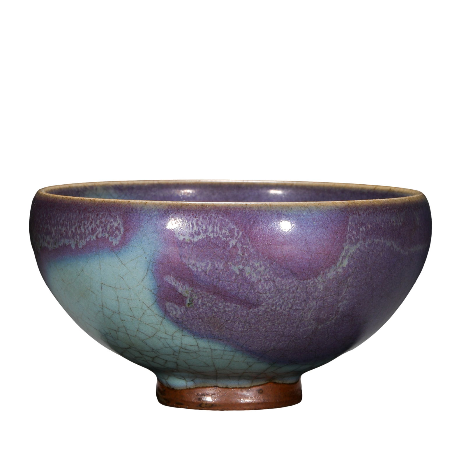 Yuan Dynasty Period Jun Kiln Sky-Blue Glazed Bowl with Rose Purple Splash Decoration (13th Century): Dimensions:Height 5 cm (1.97 in); diameter 9 cm (3.54 in); 11th–12th centuryCondition & Provenance:Overall well preserved with a balanced profile and no obvious major cracks, rim losses, or repairs 