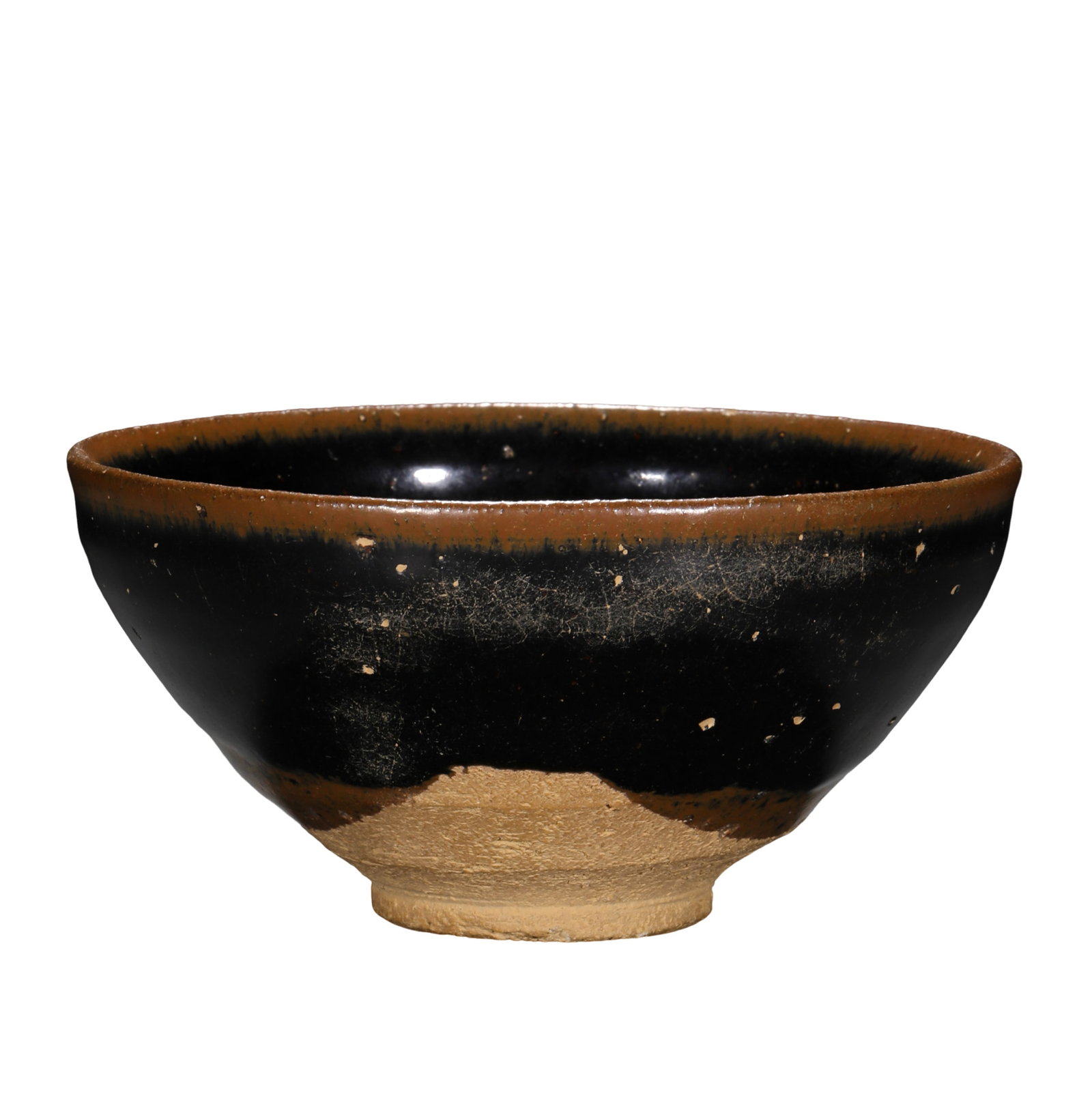Song Dynasty Black Glazed Tea Bowl with Silver Painted Radiating Lines and Inscription Decoration: Dimensions: Height approximately 5.5 cm, rim diameter approximately 10.5 cm (Height 2.17 in, rim diameter 4.13 in; Height 0.18 ft, rim diameter 0.34 ft); 12th CenturyCondition & Provenance: The bowl i