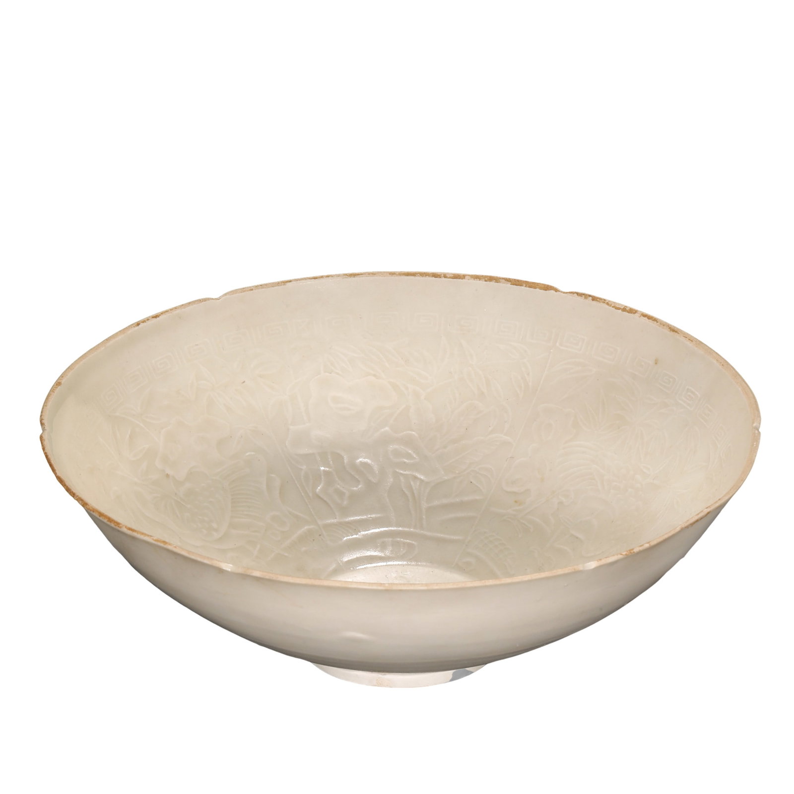 Northern Song Dynasty Ding Kiln White-Glazed Molded Floral, Bird and Fish Decoration Petal-Rim Bowl: Dimensions: Diameter approximately 20.3 cm (8.0 in, 0.67 ft), Height approximately 7.5 cm (3.0 in, 0.25 ft); Northern Song Dynasty, 11th–12th CenturyCondition and Provenance: Good overall condition 