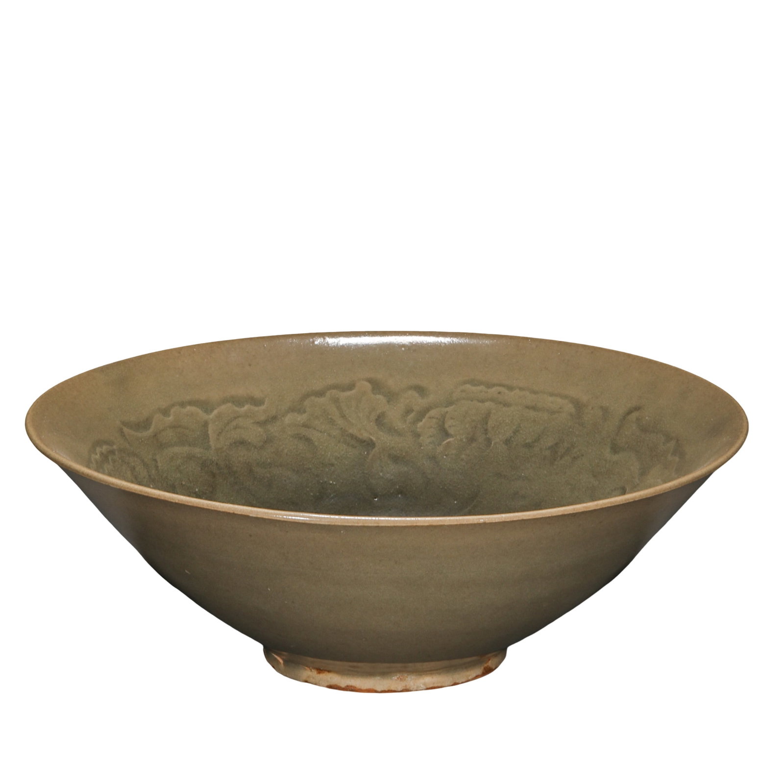 Yuan Dynasty Yaozhou Kiln Olive Green Celadon Large Bowl with Molded Scroll Peony Decoration (14th: Dimensions: Diameter approximately 19.5 cm (7.7 in, 0.64 ft), Height approximately 7 cm (2.8 in, 0.23 ft); Yuan Dynasty, 14th CenturyCondition and Provenance: Good overall condition with natural aging