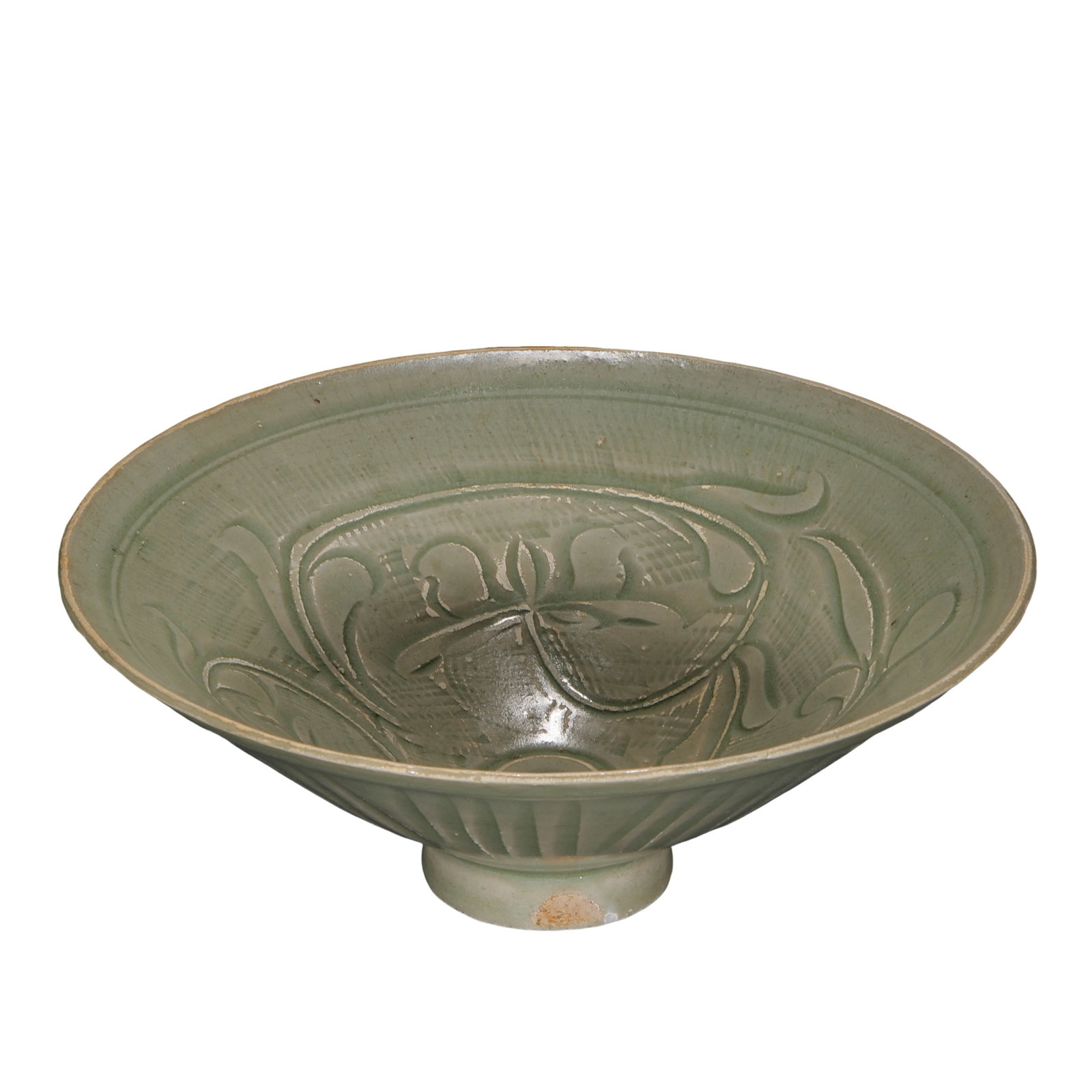 Yuan Dynasty Longquan Kiln Celadon Conical Bowl with Carved Branching Flower and Fruit Decoration (1 of 14)