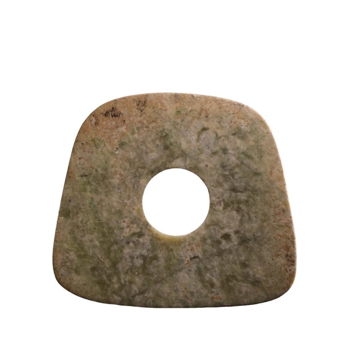 Neolithic Hongshan Culture Hetian Jade Square Bi Disc with Rounded Corners (7500–2900 BCE): Dimensions: Length 22 cm (8.7 in, 0.72 ft), Width 19.5 cm (7.7 in, 0.64 ft), Weight 881 g; Neolithic Period (7500–2900 BCE)Condition and Provenance: Good overall condition with a complete structure,