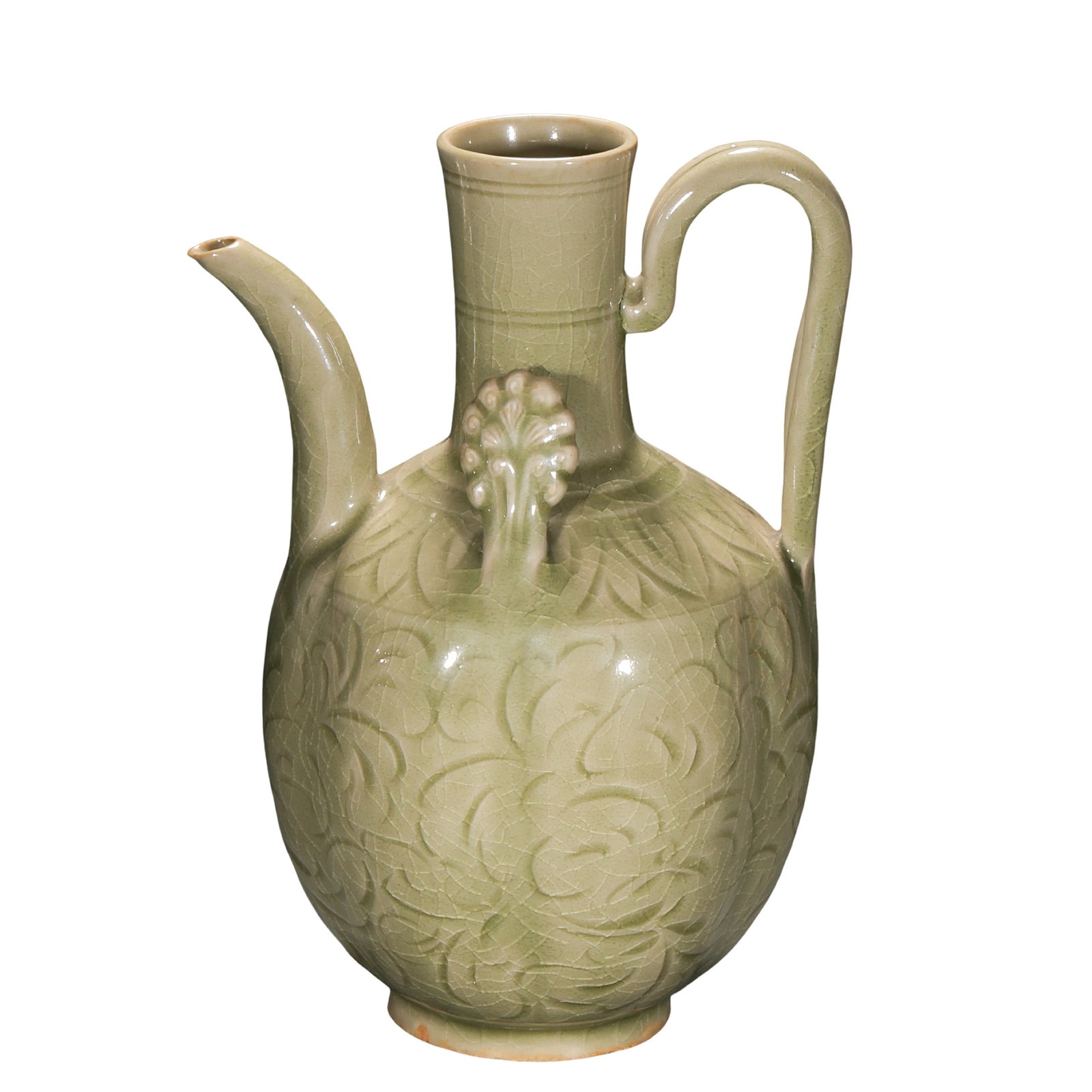 Southern Song Dynasty Longquan Celadon Carved Floral Double Phoenix-Handled Melon-Shaped Ewer: Dimensions:Height 23 cm (9.06 inches), Belly Diameter 16 cm (6.30 inches) 12th–13th CenturyCondition and Provenance: Good overall condition with a complete body, natural age-related crackling throug