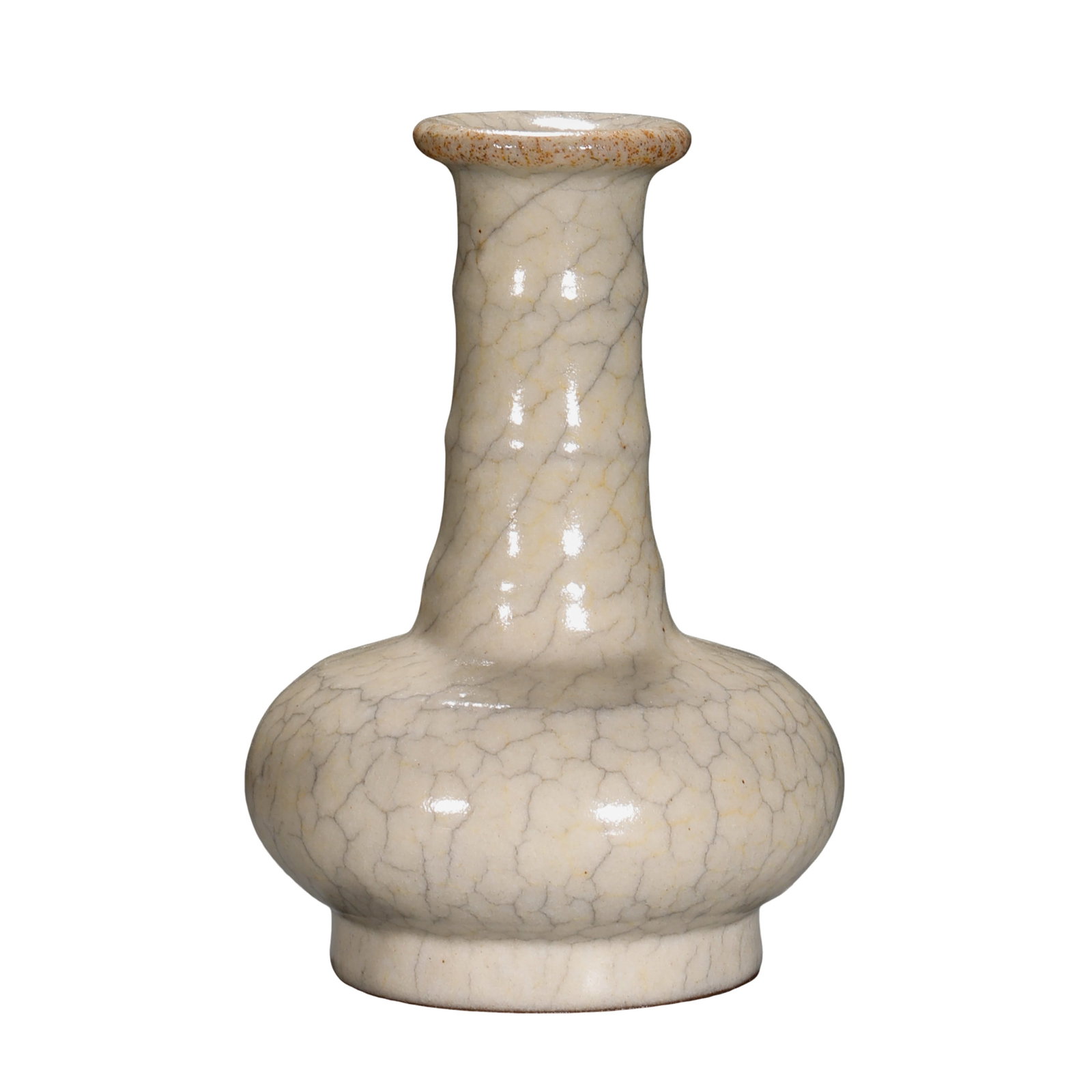 Song Dynasty Ge-Type Cream-Glazed Long-Neck Mallet-Shaped Vase with String-Relief Decoration: Dimensions: Height 12 cm (4.7 in, 0.39 ft), Width 8.5 cm (3.3 in, 0.28 ft), Song Dynasty period (12th–13th Century)Condition and Provenance: Overall well preserved with a warm glaze surface, clearly