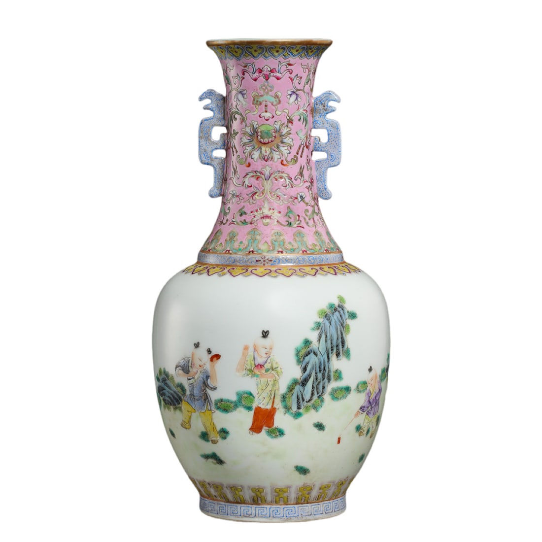 Qing Dynasty Daoguang Period Famille Rose Vase with Dragon Handles, Floral Scroll Decoration and (1 of 9)
