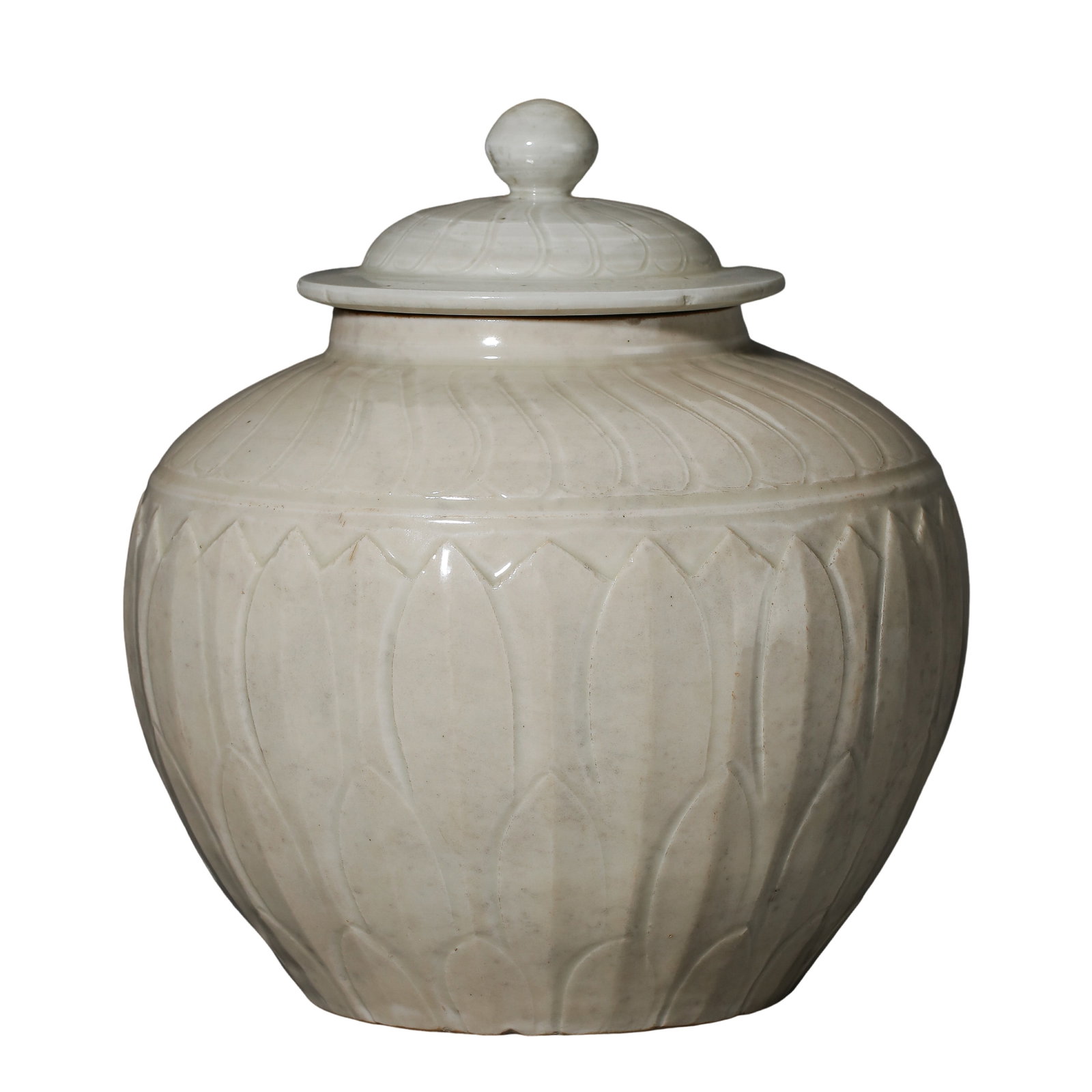White-Glazed Lidded Jar with Carved Lotus Petal Decoration (Northern Song Dynasty, 10th–12th: Dimensions: Height 16 cm (approx. 6.3 in, approx. 0.52 ft); mouth diameter approx. 3 cm (approx. 1.2 in, approx. 0.10 ft); Northern Song Dynasty (10th–12th Century)Condition & Provenance: The jar re