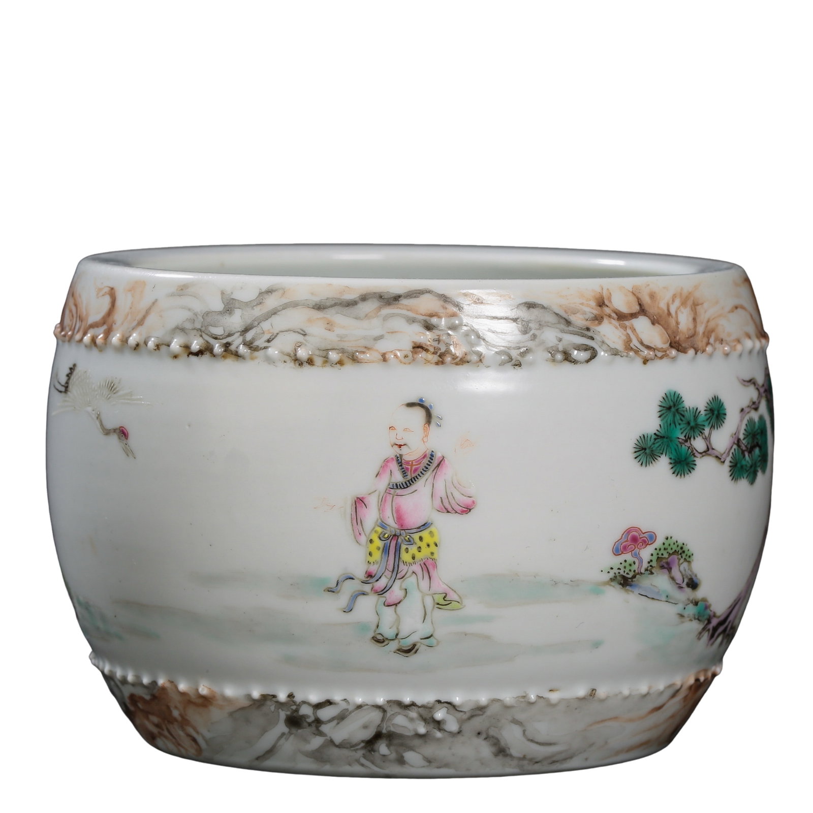 A Fine Famille-Rose “Pine, Crane and Scholar?? Drum-Form Brush Washer with Raised Stud: Dimensions: Height 6.5 cm (2.56 in); Rim diameter 10.5 cm (4.13 in); 18th century Qing Dynasty Yongzheng period scholar’s desk vessel Condition and Provenance: Good overall condition with a well-pre