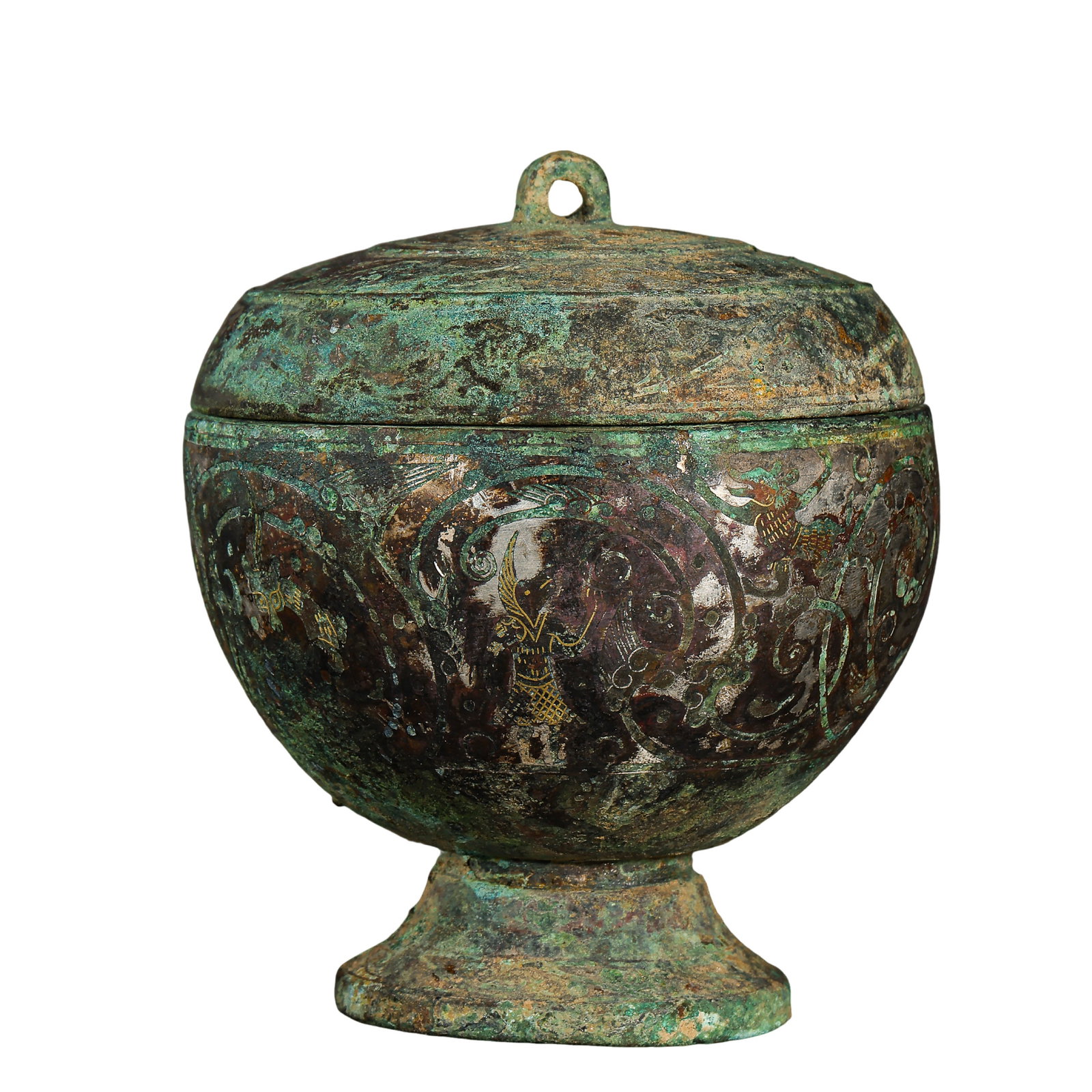 Gilt and Silver Inlaid Bronze Stemmed Covered Dou with Divine Figures and Auspicious Beast Motifs,: Dimensions & Weight: Height 9.5 cm (3.74 in / 0.31 ft), Width 8 cm (3.15 in / 0.26 ft), Weight 392.8 g; Warring States Period (5th–3rd century BCE)Condition & Provenance: The vessel remains in good 