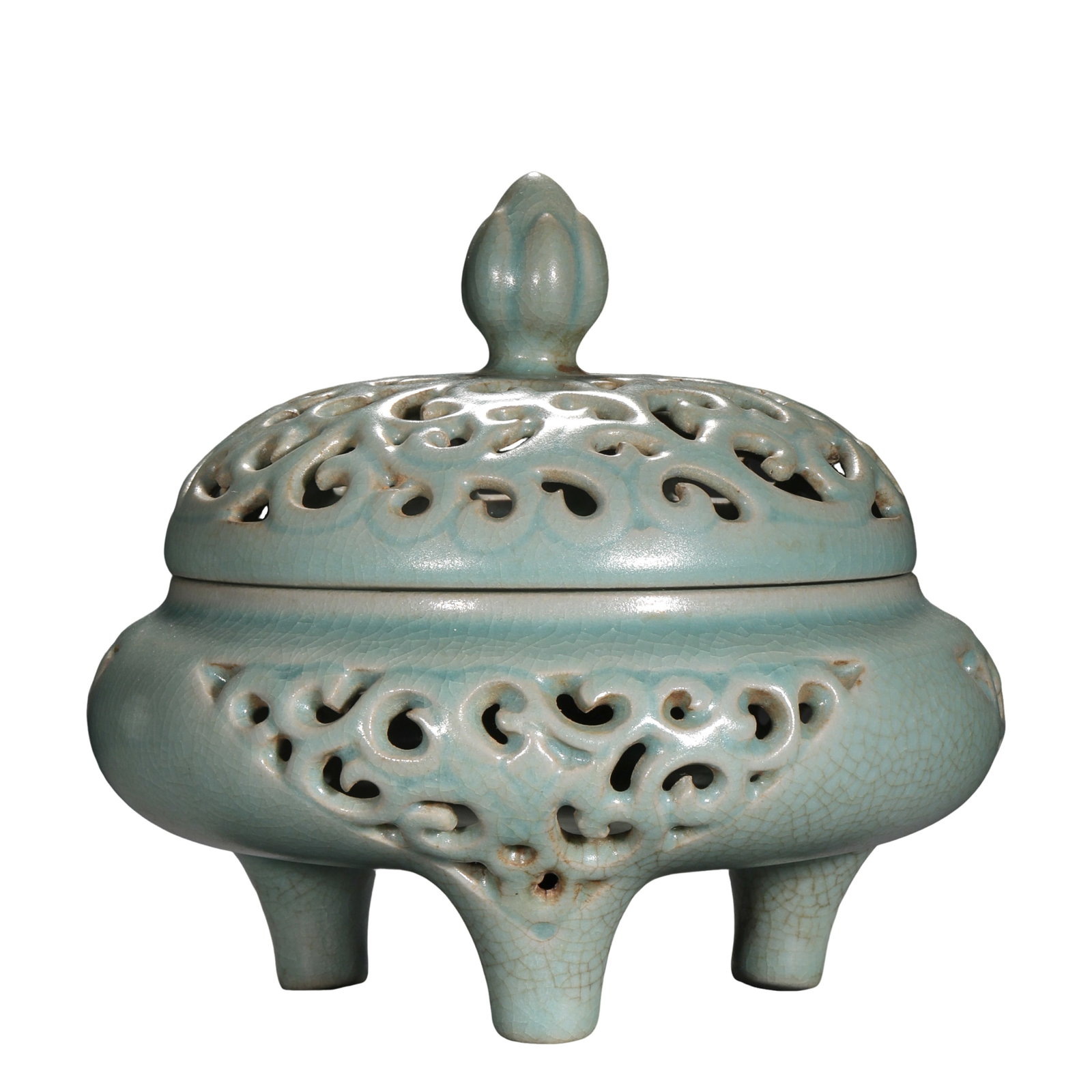 Ru Ware Openwork Scroll Lotus-Form Tripod Incense Burner, Northern Song Dynasty (11th–12th: Dimensions: Height 13.5 cm (approximately 5.31 inches, 0.44 feet); diameter 16 cm (approximately 6.30 inches, 0.52 feet); 11th–12th century, Northern Song DynastyCondition & Provenance: Overall well