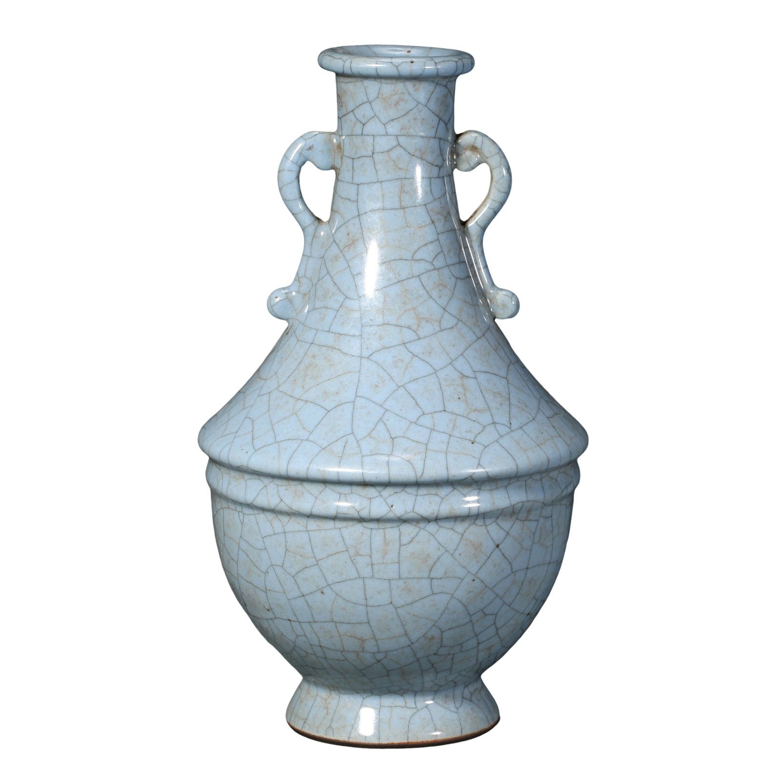 Guan-Type Glazed Ru Yi-Handled String-Pattern Vase, Qing Dynasty (18th Century): Dimensions: Height 22 cm (approximately 8.7 in, 0.72 ft); Mouth diameter 5 cm (approximately 2 in, 0.16 ft)Condition & Provenance: The vase is in good condition, with a naturally developed crackle gla
