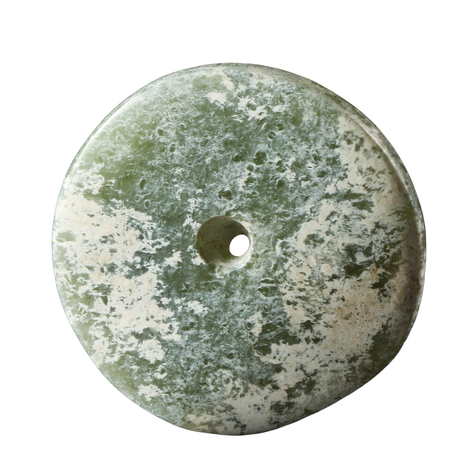 Neolithic Period Hetian Jade Plain Spindle Whorl (Bi-Shaped Jade Disc) (ca. 4000–2000 BCE): Dimensions & Weight: Diameter 4.4 cm (1.73 in, 0.14 ft); Weight: 29 g; Neolithic Period (ca. 4000–2000 BCE)Condition & Provenance: Good overall condition, with natural mineral staining, aged patina,