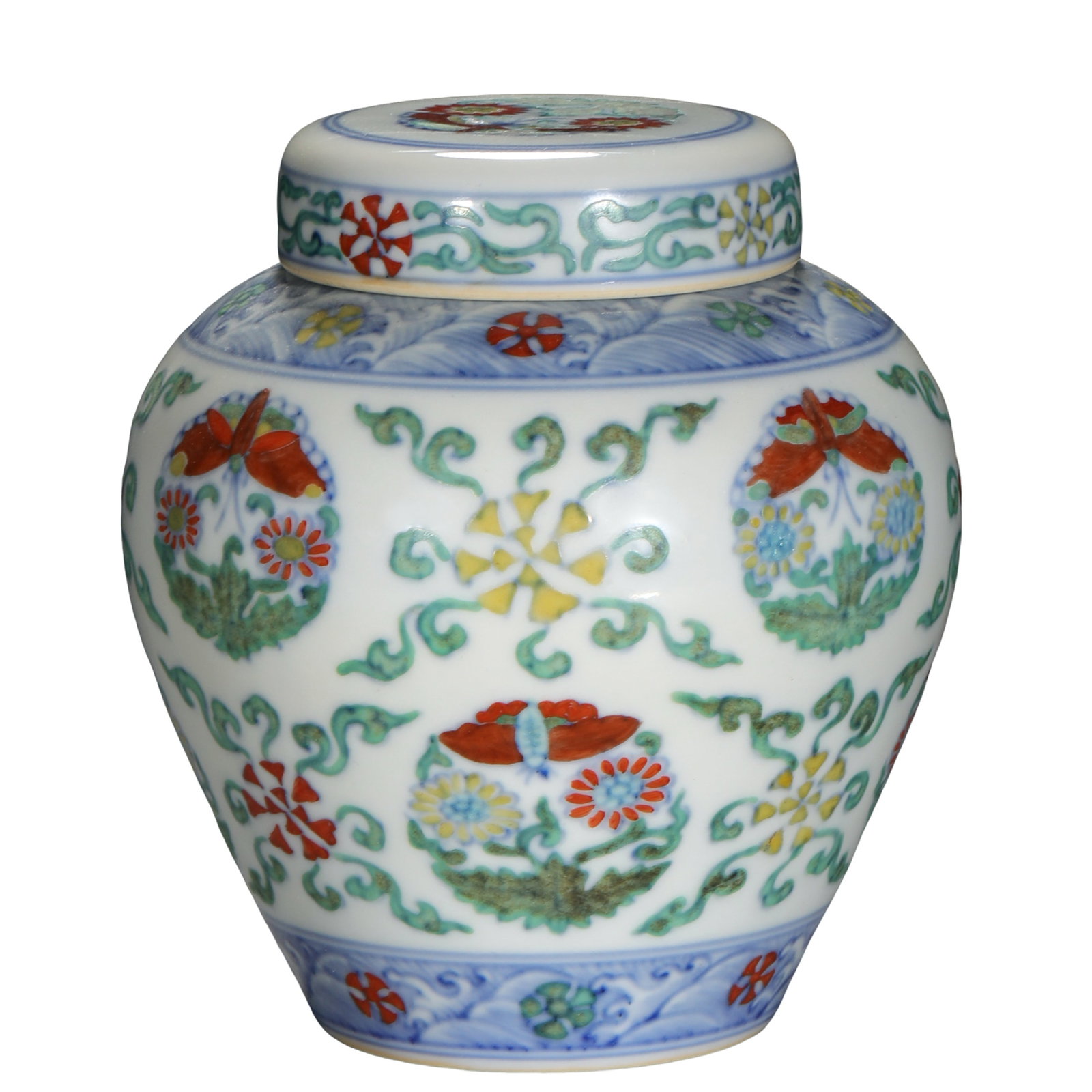 Doucai Covered Jar with Round Floral Medallions and Butterfly Decoration, Marked “Da Ming Chenghua (1 of 9)