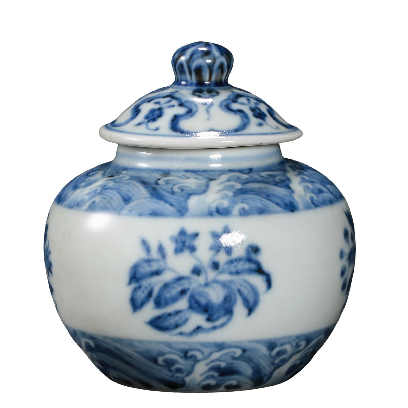 Blue and White Covered Jar with Sea Waves and Auspicious Fruit Decoration, Marked “Da Ming (1 of 10)