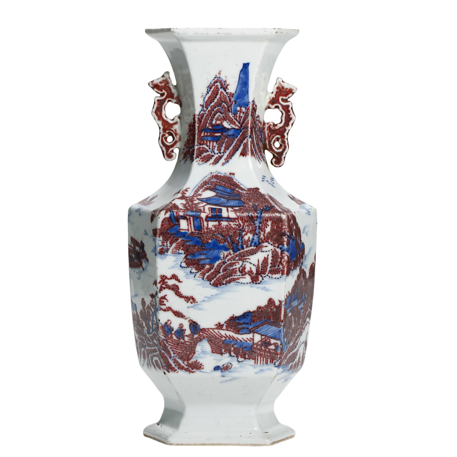 Qing Dynasty, Yongzheng Period (1723–1735) Underglaze Blue and Copper-Red Hexagonal Landscape Vase: Dimensions (cm / inches | Century: 18th Century): Height 24.3 cm (9.57 in), Body Width 10.5 cm (4.13 in)Condition & Provenance: Excellent overall condition with no cracks, hairlines, chips, glaze loss
