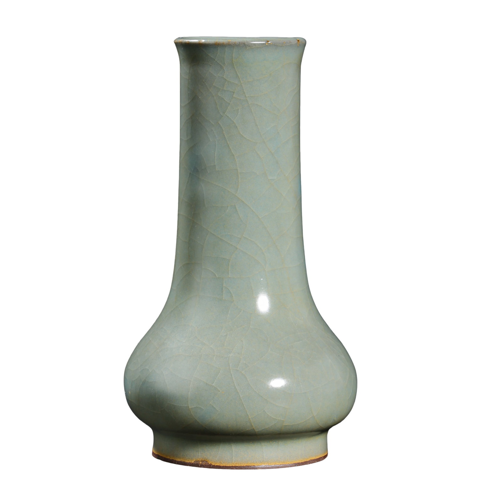 Southern Song Dynasty Guan Kiln Celadon Long-Necked Dan-Style Vase (12th–13th Century): Dimensions: Height 15 cm (5.9 in, 0.49 ft); 12th–13th Century Condition and Provenance: Well-preserved condition with intact glaze surface, natural crackle pattern throughout, and original firing ma