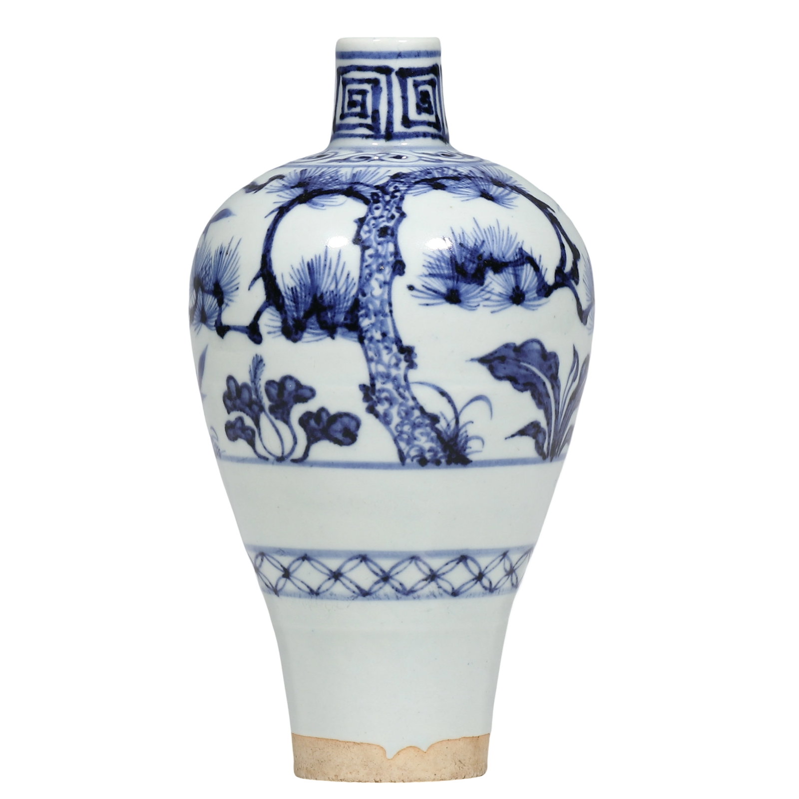 Yuan Blue?and?White Meiping Vase with Pine, Bamboo and Plum: Dimensions?H.17.5cm?14th Century Condition & Provenance?The vase is intact without cracks, base exposed?witnessed clay shows natural age erosion. Underglaze?blue shows typical imported?cobalt bleeding