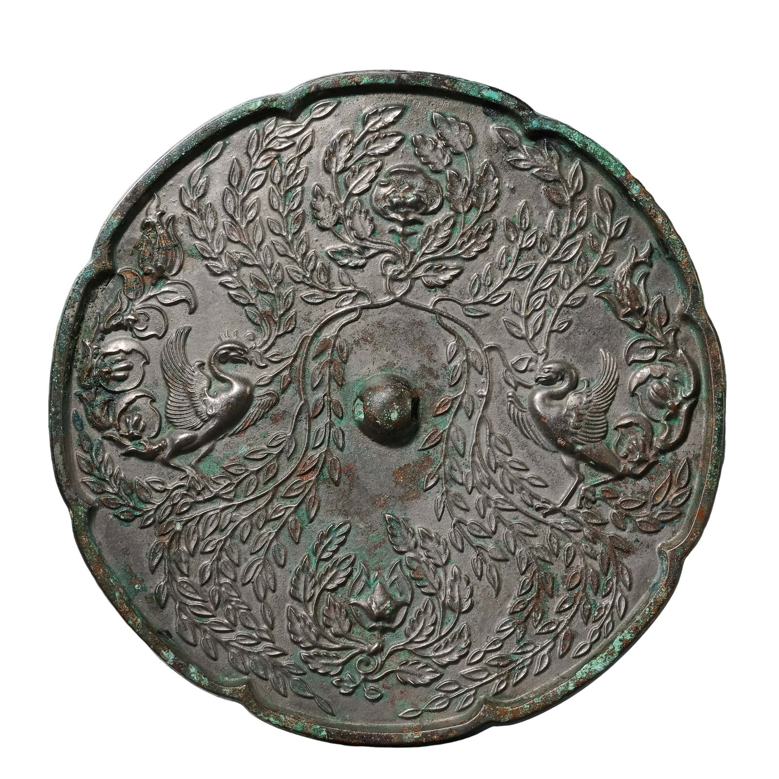 Tang Dynasty Bronze Mirror with Twin Phoenixes and Intertwined Floral Scrolls in Eight-Lobed Form (1 of 8)