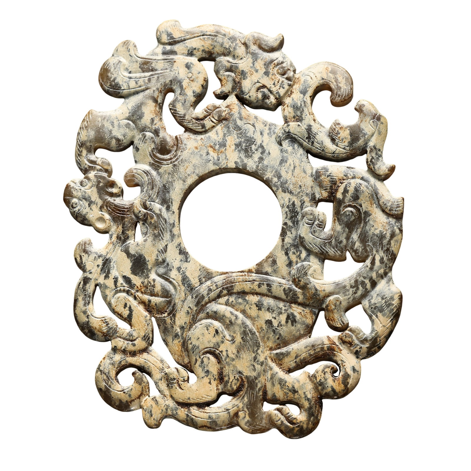 Han Dynasty Hetian Jade Bi Disc with Openwork Twin Chi Dragons (2nd Century BCE–2nd Century CE): Dimensions & Weight: 5.8 cm × 7.56 cm (2.28 × 2.98 in, 0.19 × 0.25 ft); Weight 26 g (approx. 0.92 oz); Han Dynasty, 2nd Century BCE–2nd Century CE Condition & Provenance: The jade is in good cond