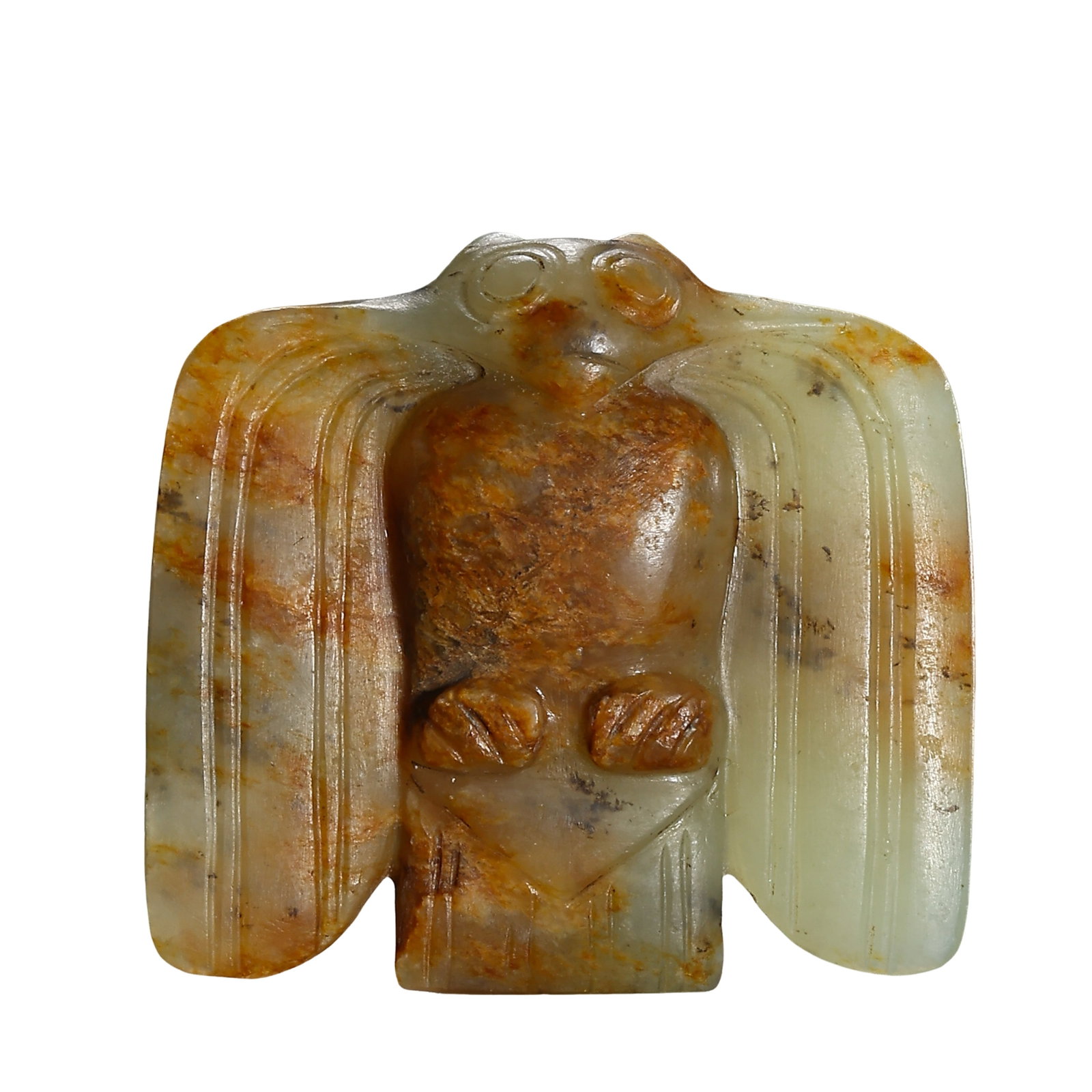 Hongshan Culture Hetian Jade Owl Ornament (7500–2900 BCE): Dimensions & Weight: Hongshan Culture period, 7500–2900 BCE; Height 4 cm (1.57 in, 0.13 ft), Width 5.8 cm (2.28 in, 0.19 ft), Weight 22 gCondition & Provenance: Good overall condition with a warm ja