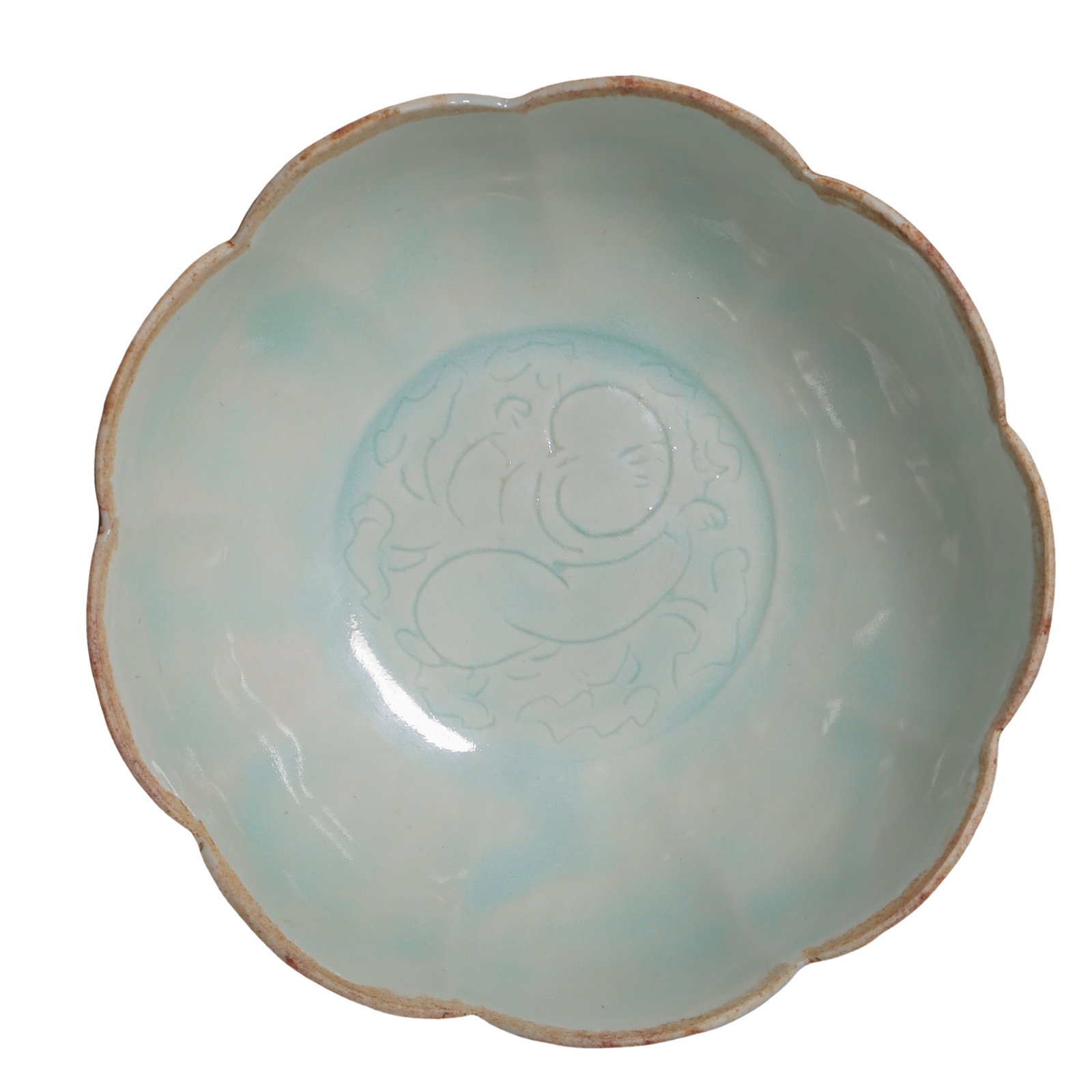 Northern Song Dynasty Hutian Kiln Qingbai Glazed Bowl with Foliate Rim and Carved Children Playing: Dimensions and Weight: Diameter 12.2 cm (4.80 in, 0.40 ft), Height 5.2 cm (2.05 in, 0.17 ft)Condition and Provenance: Well preserved with a smooth and luminous glaze surface. The foliate rim and lobed