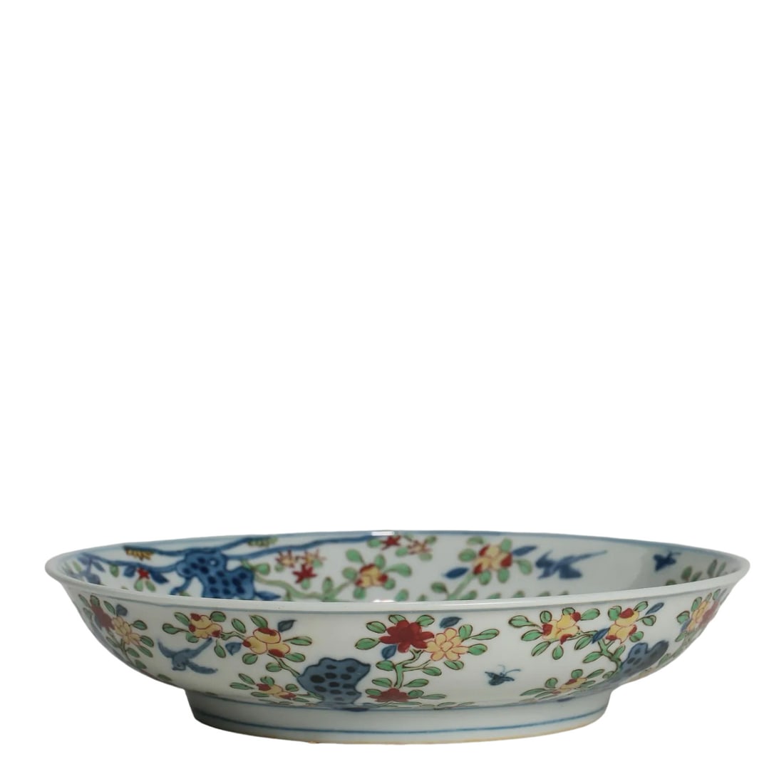 Ming Dynasty, Jiajing Period (16th Century) Blue and White with Polychrome “Figures, Flowers and: Dimensions: 16th Century; Height 4 cm (1.6 inches / 0.13 ft), Diameter 18 cm (7.1 inches / 0.59 ft) Condition & Provenance: Good condition with well-preserved glaze, vibrant surface luster, and clear 