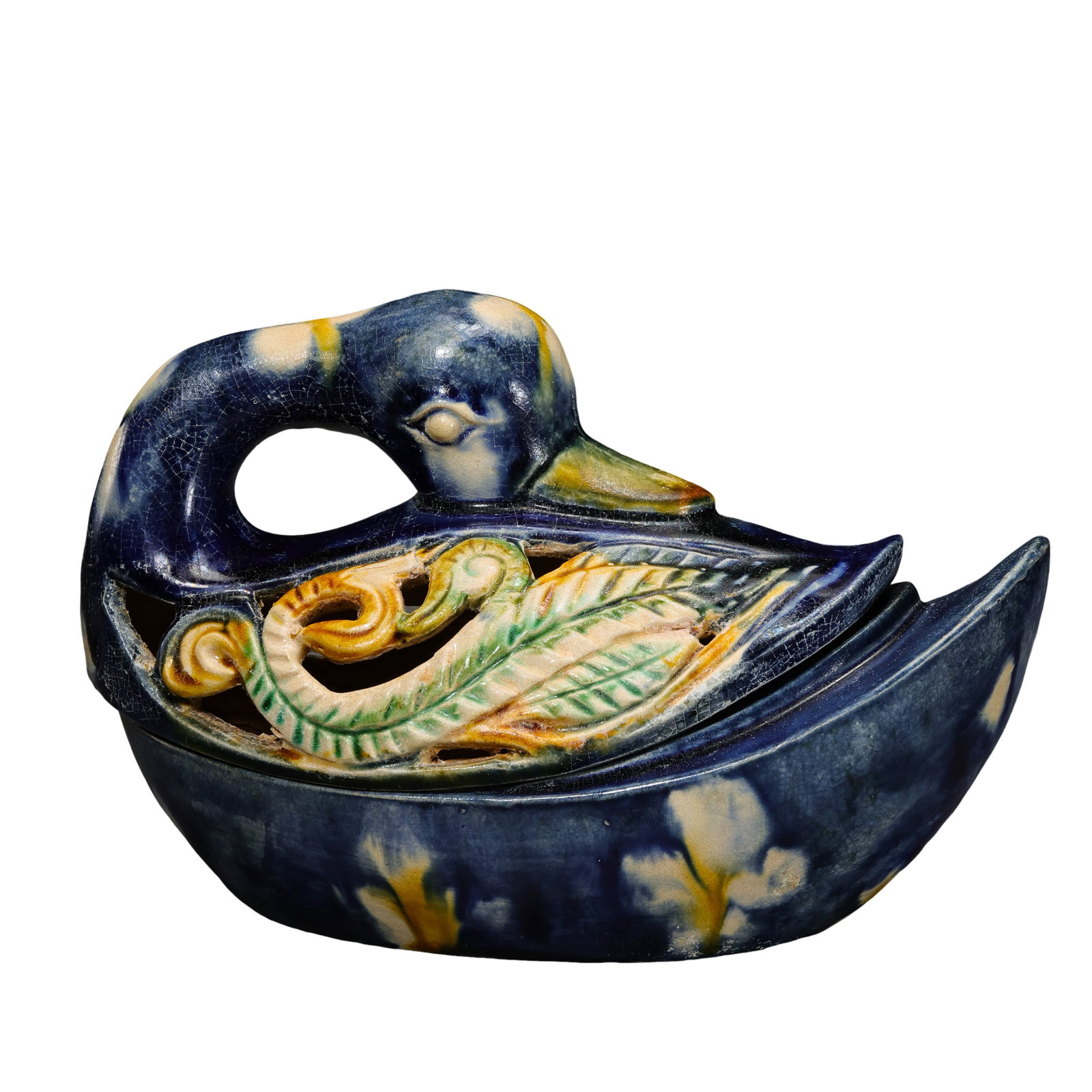 Rare Liao Dynasty Three-Color Blue-Ground Mandarin Duck Openwork Incense Box (Liao Dynasty,: Dimensions: 17.5 cm (L) × 13.5 cm (H), approximately 6.9 in (L) × 5.3 in (H), approximately 0.57 ft (L) × 0.44 ft (H); Liao Dynasty, 10th–12th century Condition and Provenance: The piece is prese