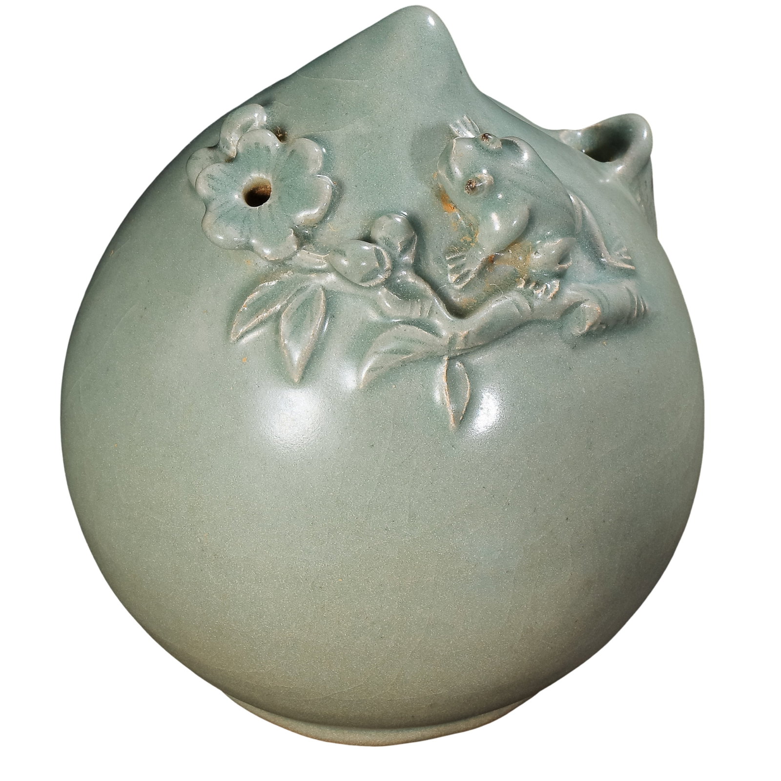 Goryeo Dynasty (12th Century) Celadon Peach-Shaped Water Dropper with Applied Dragon and Frog: Dimensions: Height 11 cm (approximately 4.3 in, approximately 0.36 ft), Width 10 cm (approximately 3.9 in, approximately 0.33 ft), 12th Century, Goryeo DynastyCondition and Provenance: Good overall co