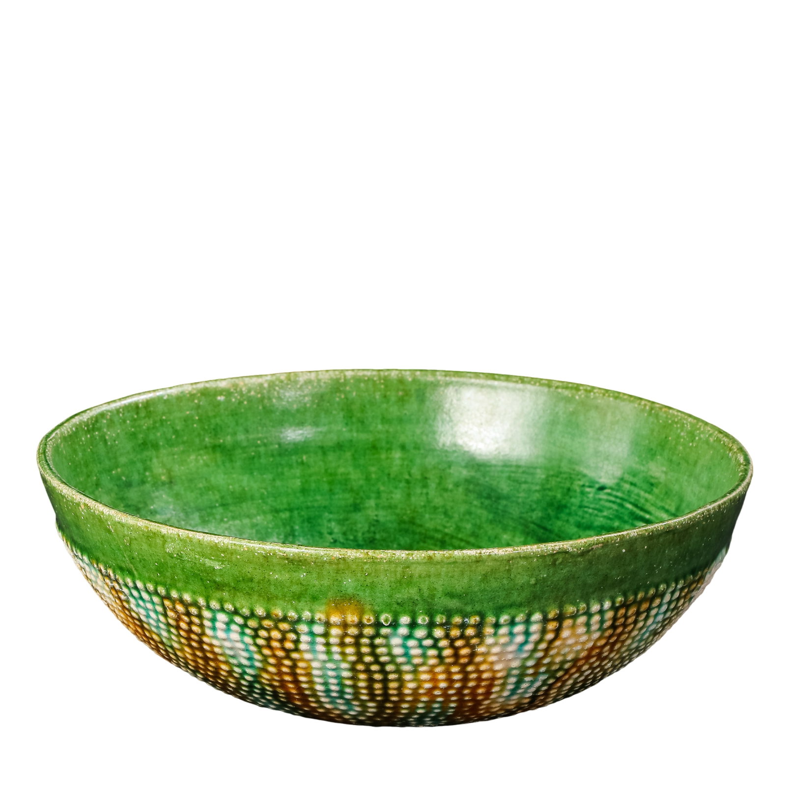 Goryeo Three-Color Pearl-Ground Green, Yellow and White Glazed Bowl (12th Century): Dimensions: Diameter 15.5 cm × Height 5.5 cm (12th century, Goryeo Dynasty); Diameter approximately 6.10 in × Height approximately 2.17 in; Diameter approximately 0.51 ft × Height approximately 0.1