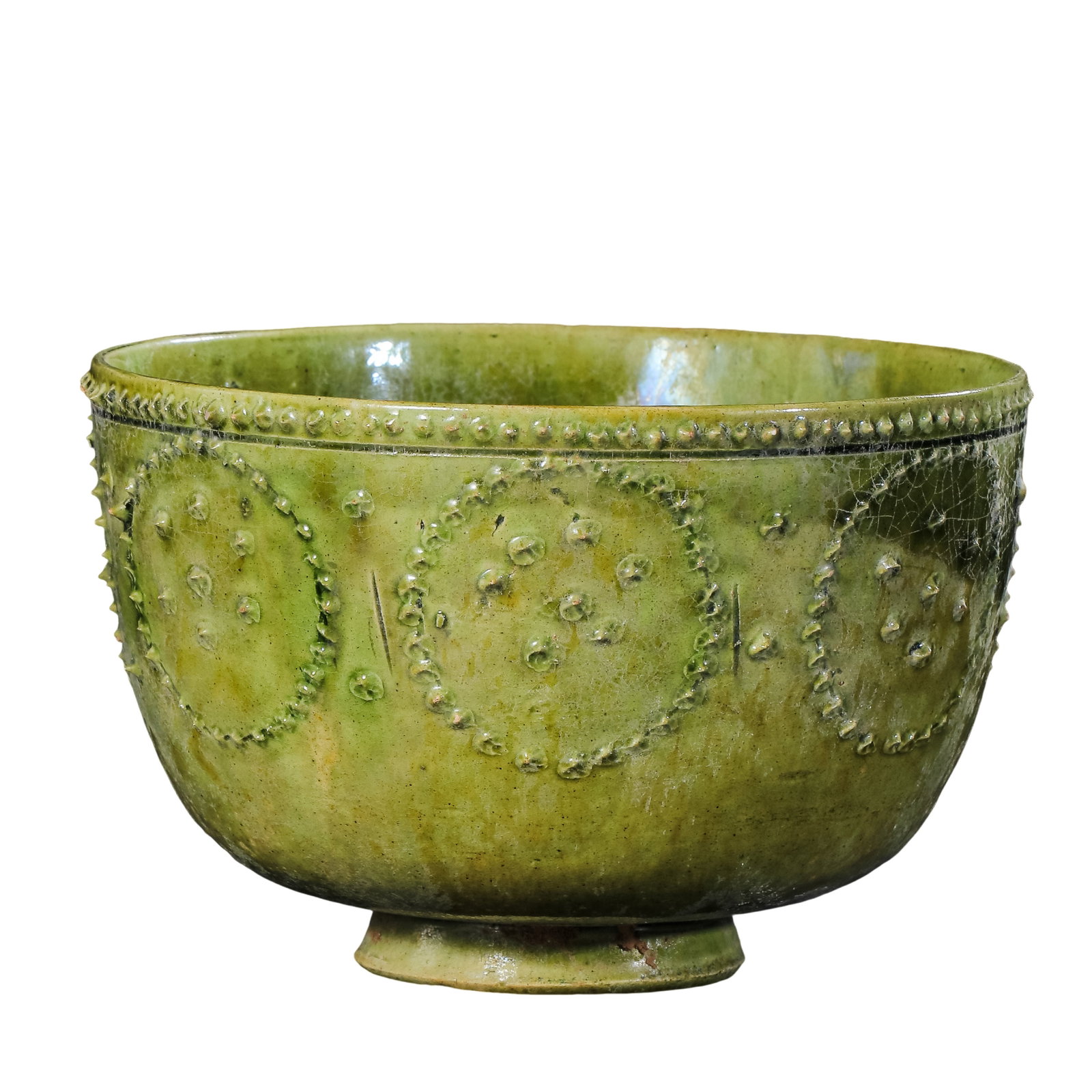 Goryeo Dynasty Green-Glazed Deep Bowl with Applied Pearl-Link Medallions (12th–13th Century): Dimensions: Diameter 12.5 cm, Height 8.2 cm (12th–13th Century, Goryeo Dynasty); Approx. 4.9 inches in diameter and 3.2 inches in height; Approx. 0.41 feet in diameter and 0.27 feet in height?Condit